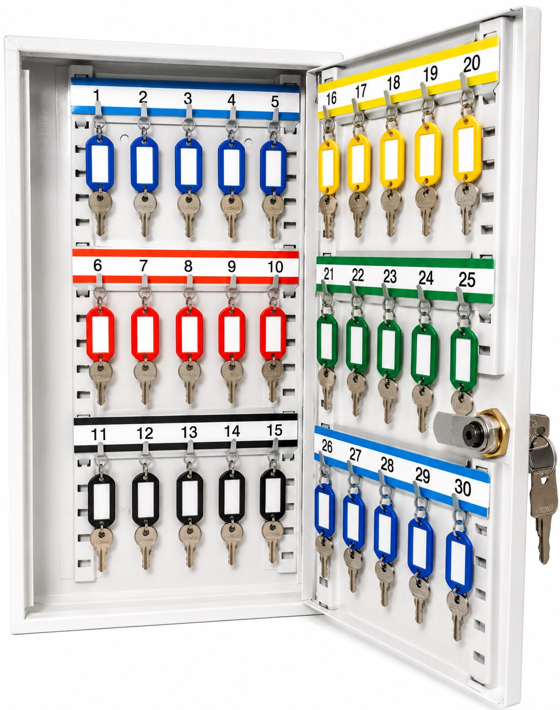 LEOMAR Schlüsselschrank mit 30 Haken, Schlüsselkasten aus Stahlblech, bewegliche Hakenleisten, abschließbar, Schlüsselbox zur Wandmontage,6 x 20 x 32 cm