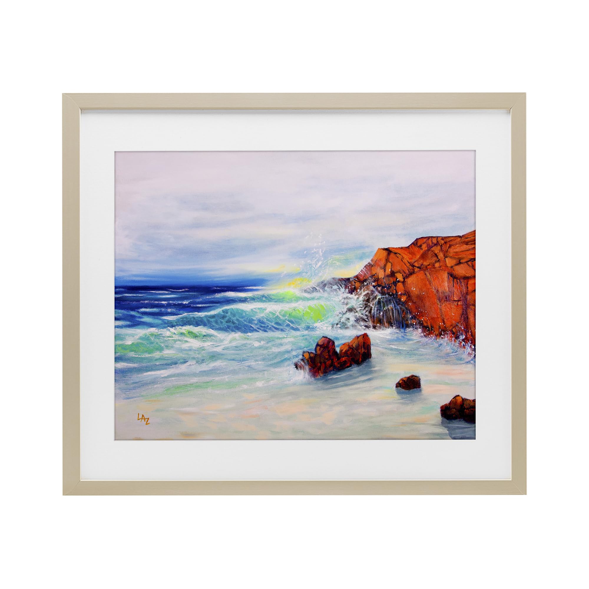 Stupell Industries Harvest Pine (Textured) Deep Blue Rocky Beach Seascape, 17 X 21 Inch Framed Print Under Glass