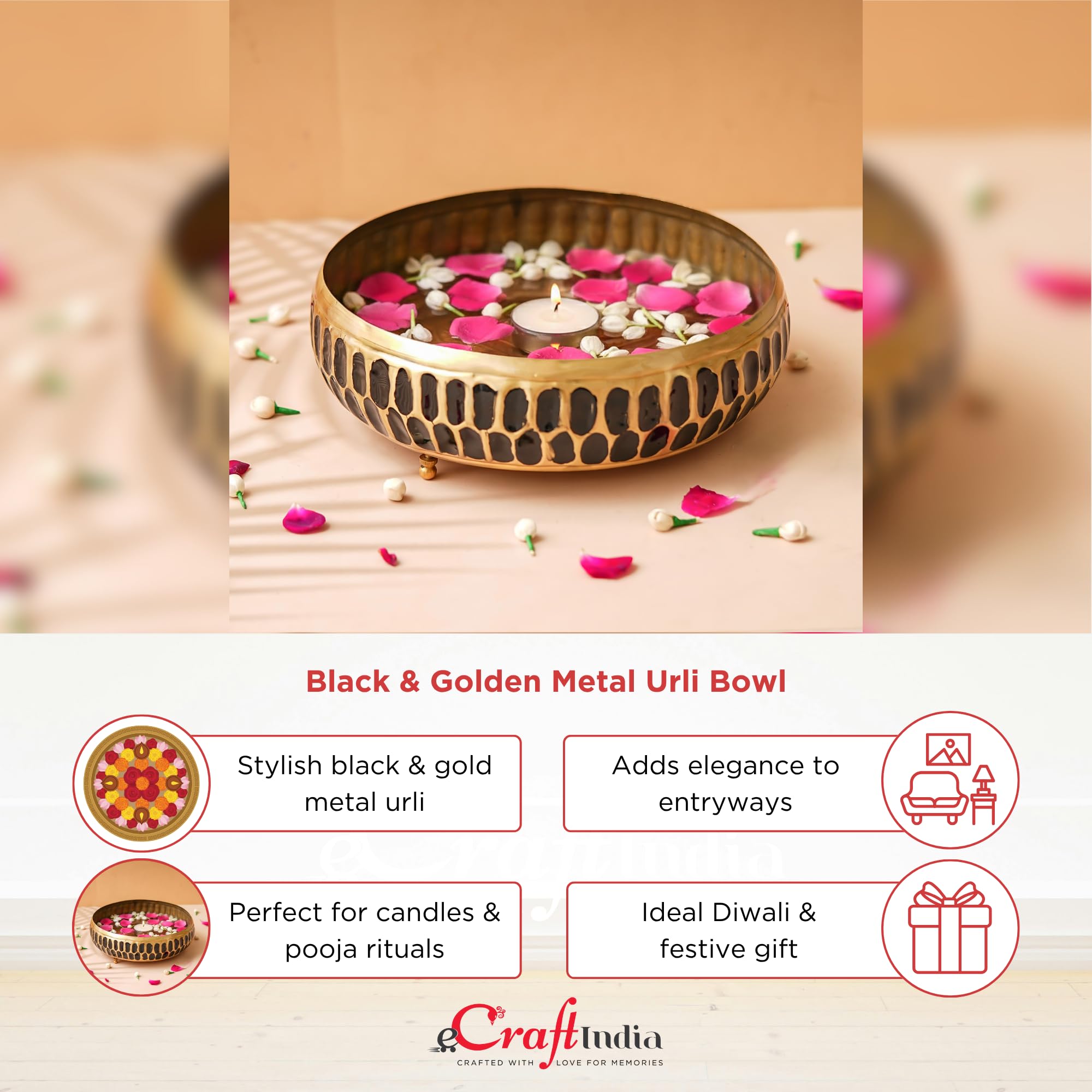 eCraftIndia Black Golden Metal Urli Bowl for Home Decoration Office Tv Unit Kitchen Showpiece for Good Luck | Urli for Floating Candles Flowers for Pooja Room Entryway Living Room Diwali Gift 3