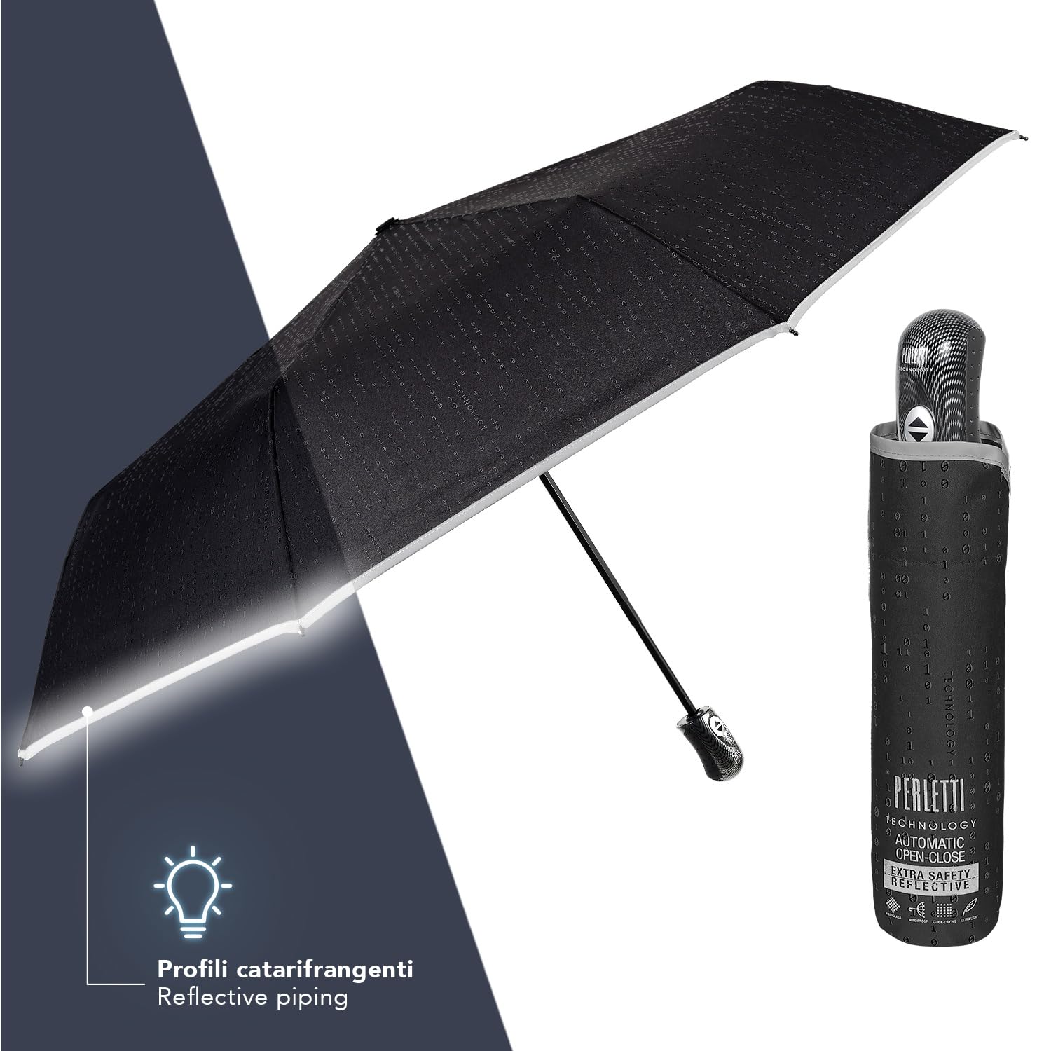 PERLETTI Ombrello Uomo Pieghevole Apri Chiudi Automatico - Tessuto Microfibra con Bordino Riflettente di Sicurezza - Ombrello Antivento Resistente - Manico Finitura Carbonio Sportivo