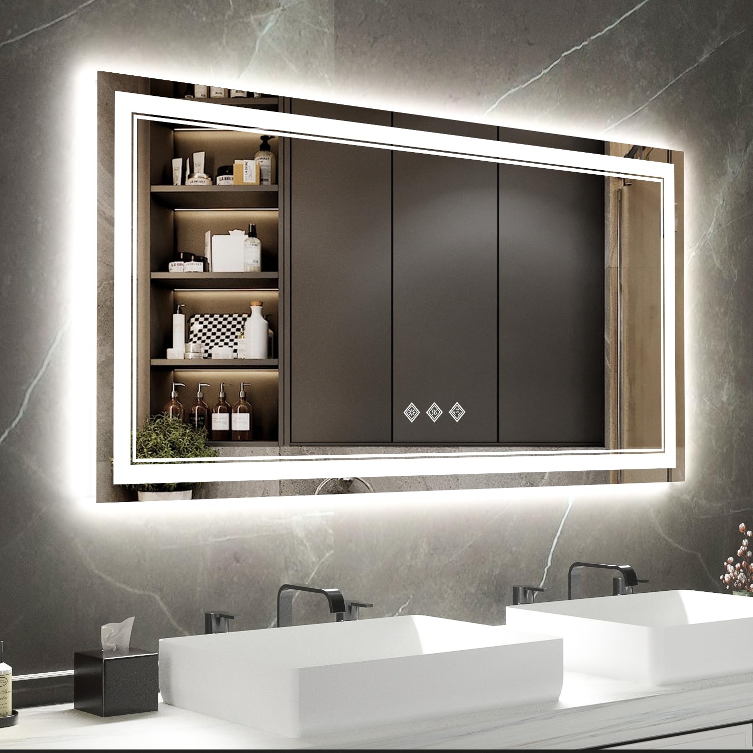 VanPokins Backlit Bathroom Mirror, 55x30 Inch Gradient Front and Backlit Mirror, 3 Colors Dimmable CRI>90 Double Lights, IP54 Enhanced Anti-Fog, Hanging Plates Wall Mount LED Bathroom Mirror
