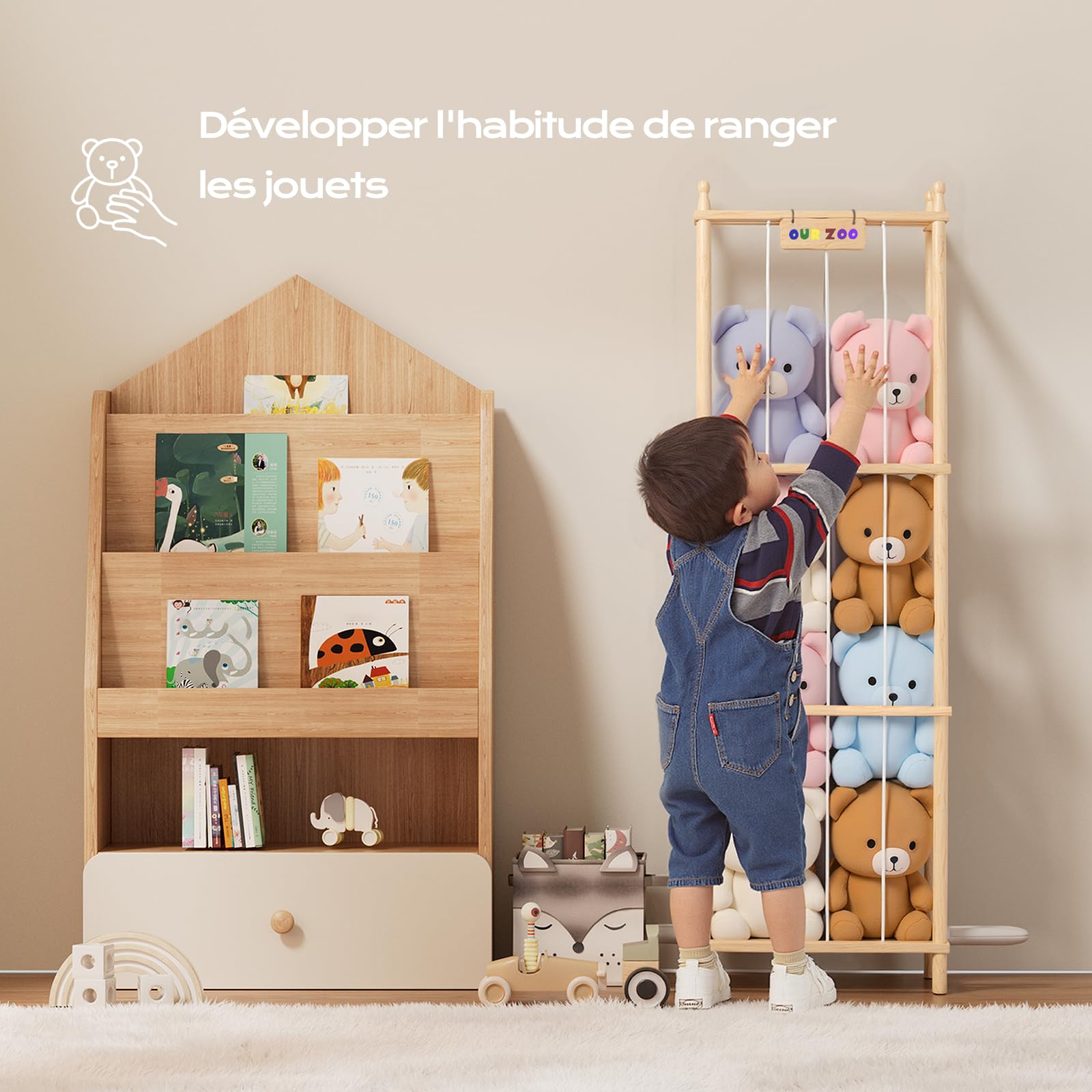 Rangement Peluche de Enfant, Range Peluche en Bois Gain de Place, 135 * 40 * 40CM Rangement Jouet Enfant pour Salle de Jeux, Chambre d'enfant, Chambre à Coucher, Salon