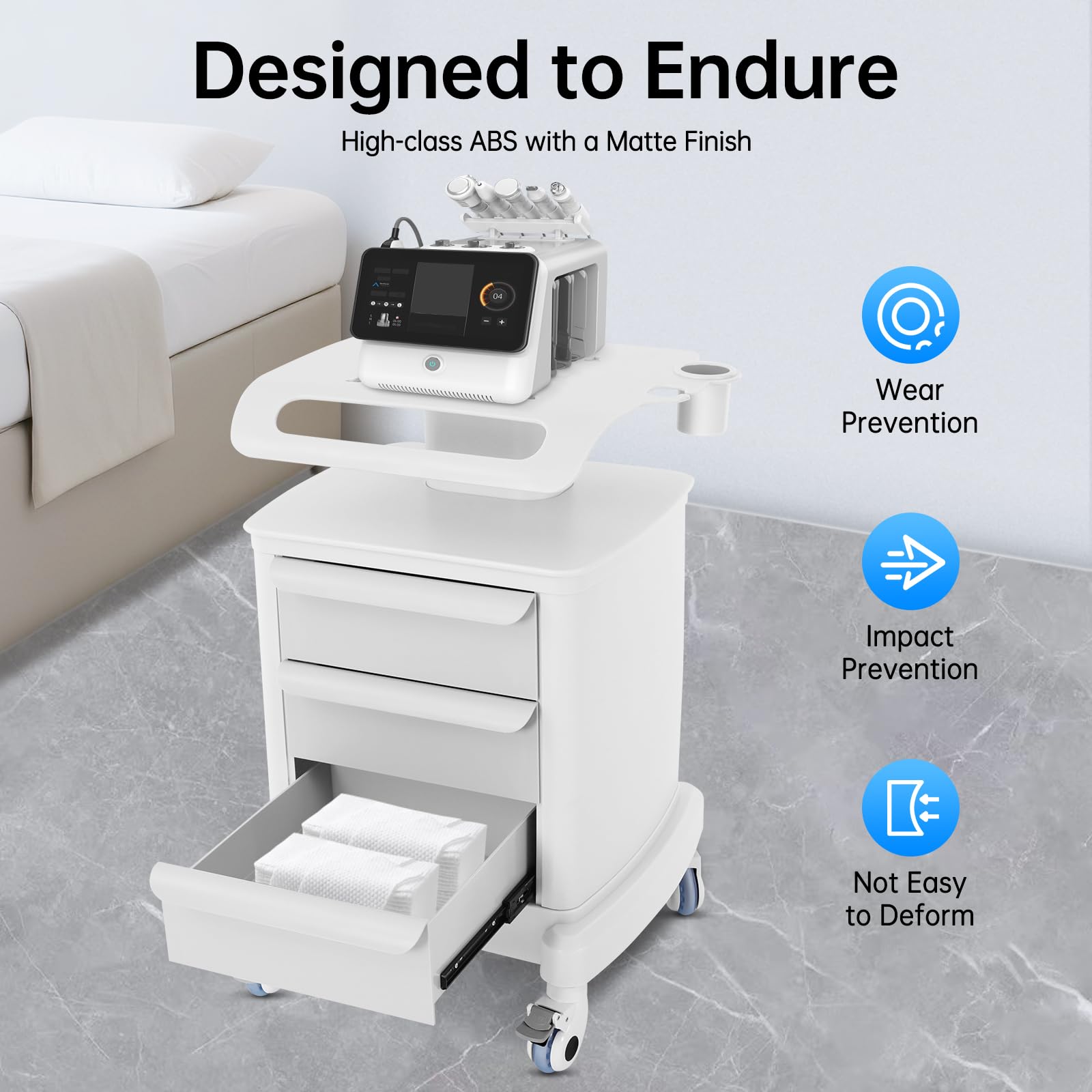 Carro de belleza blanco con ruedas para cosméticos, 3 cajones, 4 ruedas, con frenos, capacidad de carga de 30 kg, ABS mate, 51 x 47 x 77 cm, para salón de belleza, clínica, spa