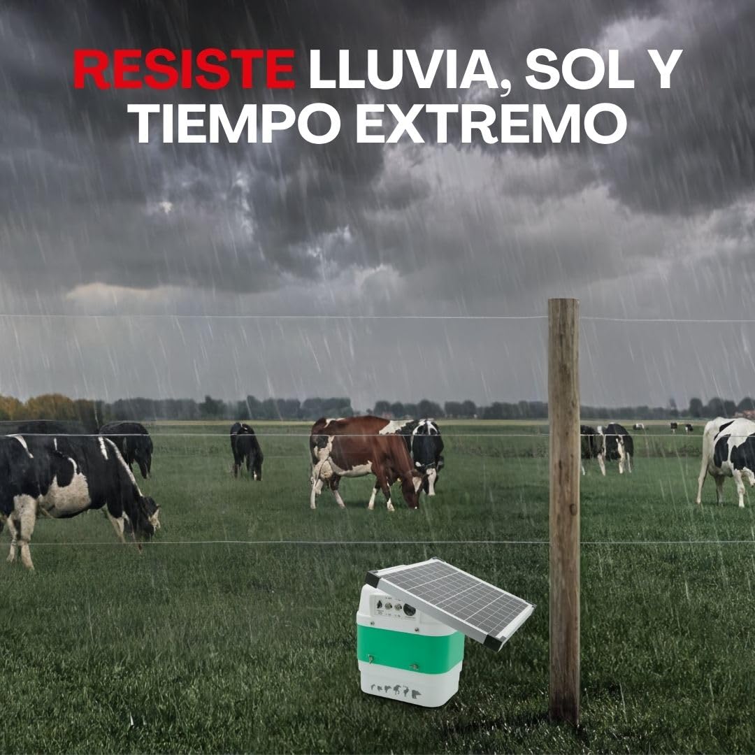 Pastor eléctrico solar Llampec Mod. B12S con panel 12V 20W incluido – 6,3 J, 10.000 V y 75 km de alcance – Ideal para ganado equino, vacuno, porcino, ovino y animales salvajes – Batería no incluída
