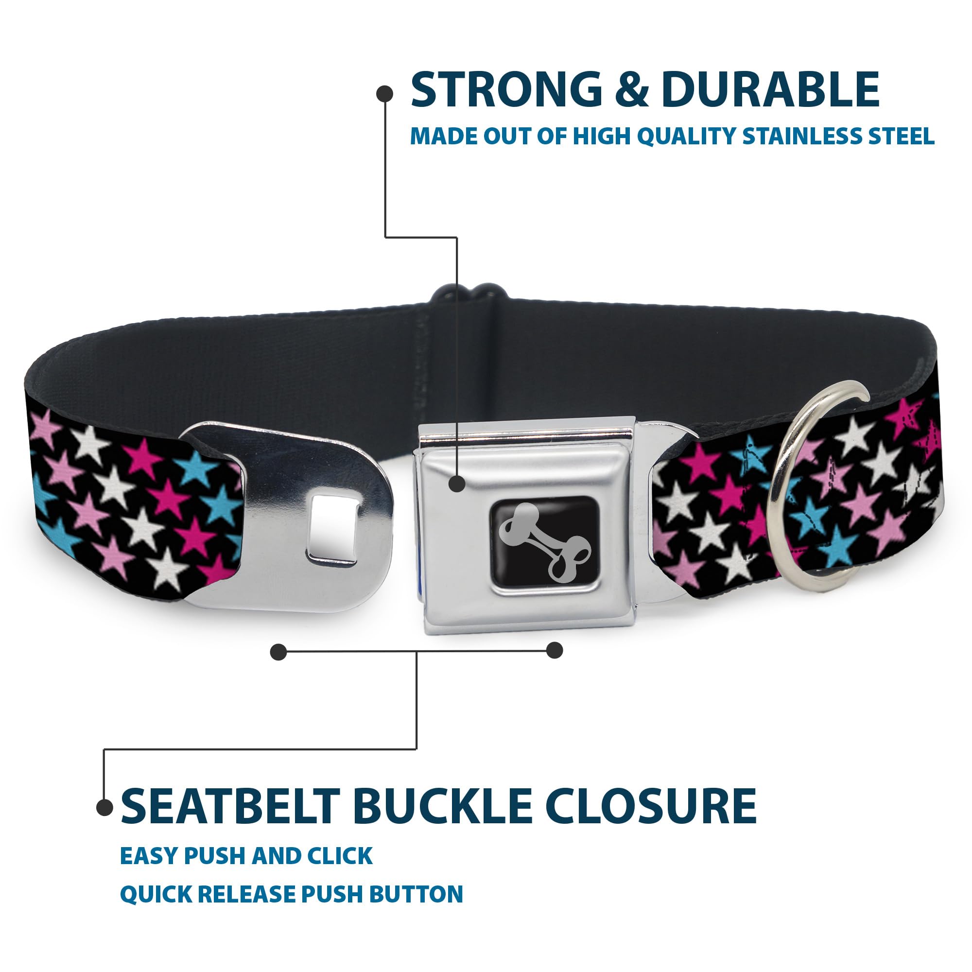 Buckle-Down DC-W31312-WS - Cinturón de Seguridad para Perro, tamaño pequeño, diseño de Estrellas, Color Negro, Rosa, Azul y Blanco