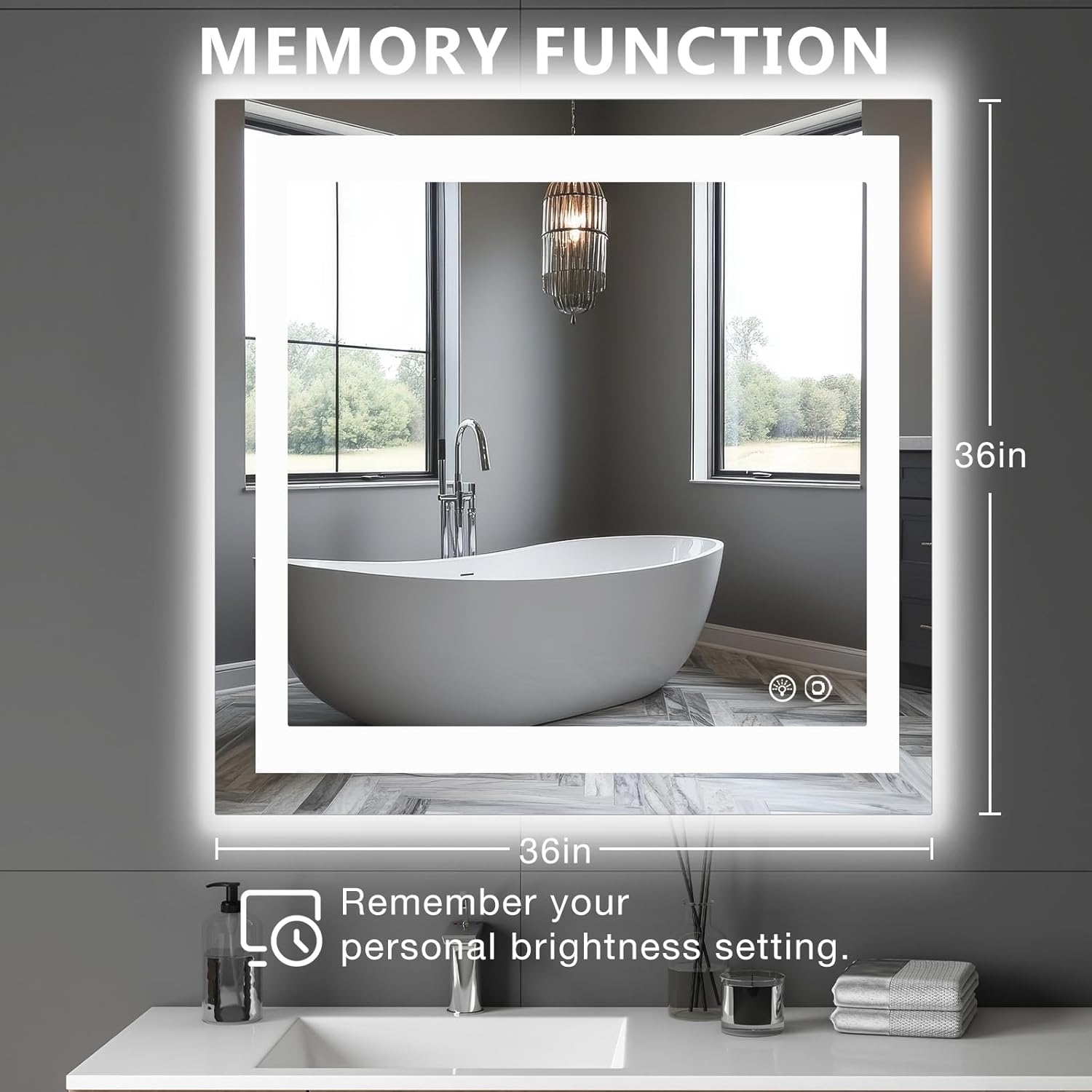 DUMOS 36.1"x36.1" LED Bathroom Mirror, Smart Anti-Fog Bathroom Vanity Mirror with 3 Color Temperatures, Dimmable, Memory Function