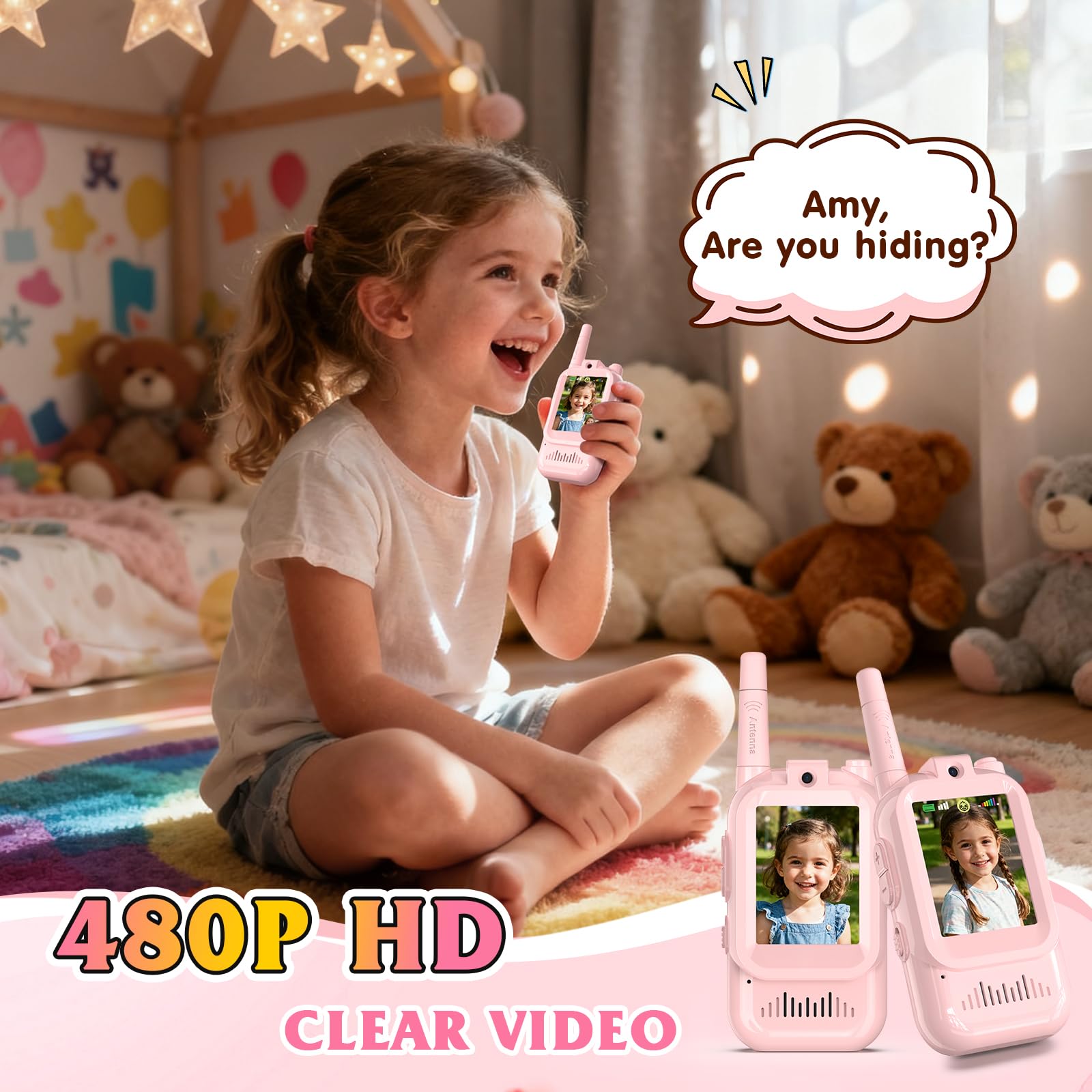 Vidéo Talkie Walkie Enfants Rechargeable, Lot de 2 Talkie Walkie avec Vidéo & Caméra HD,Talkie-Walkies Jouets de Plein air pour Enfants de 3 à 12 Ans (Rose et Rose)