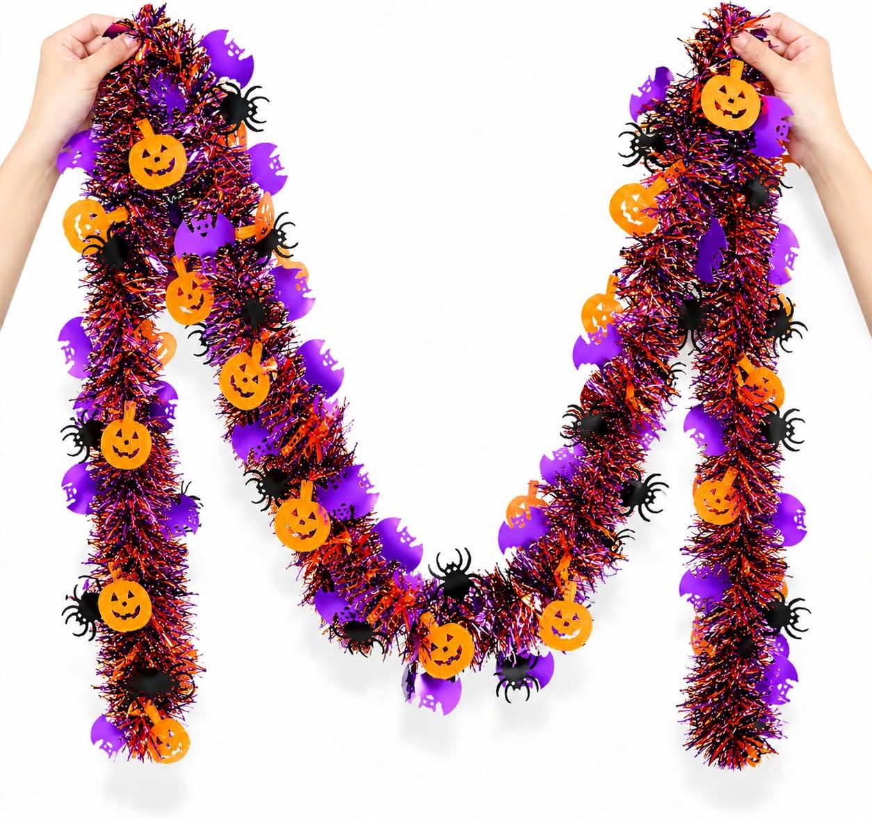 Halloween Garland Decorations, 52.5 Ft Glitter Tinsel Pumpkin Bats Spider Garland Decor for Porch Classroom Tree Car Golf Cart Parade Float Indoor Outdoor Holiday Home Party Halloween Decorations