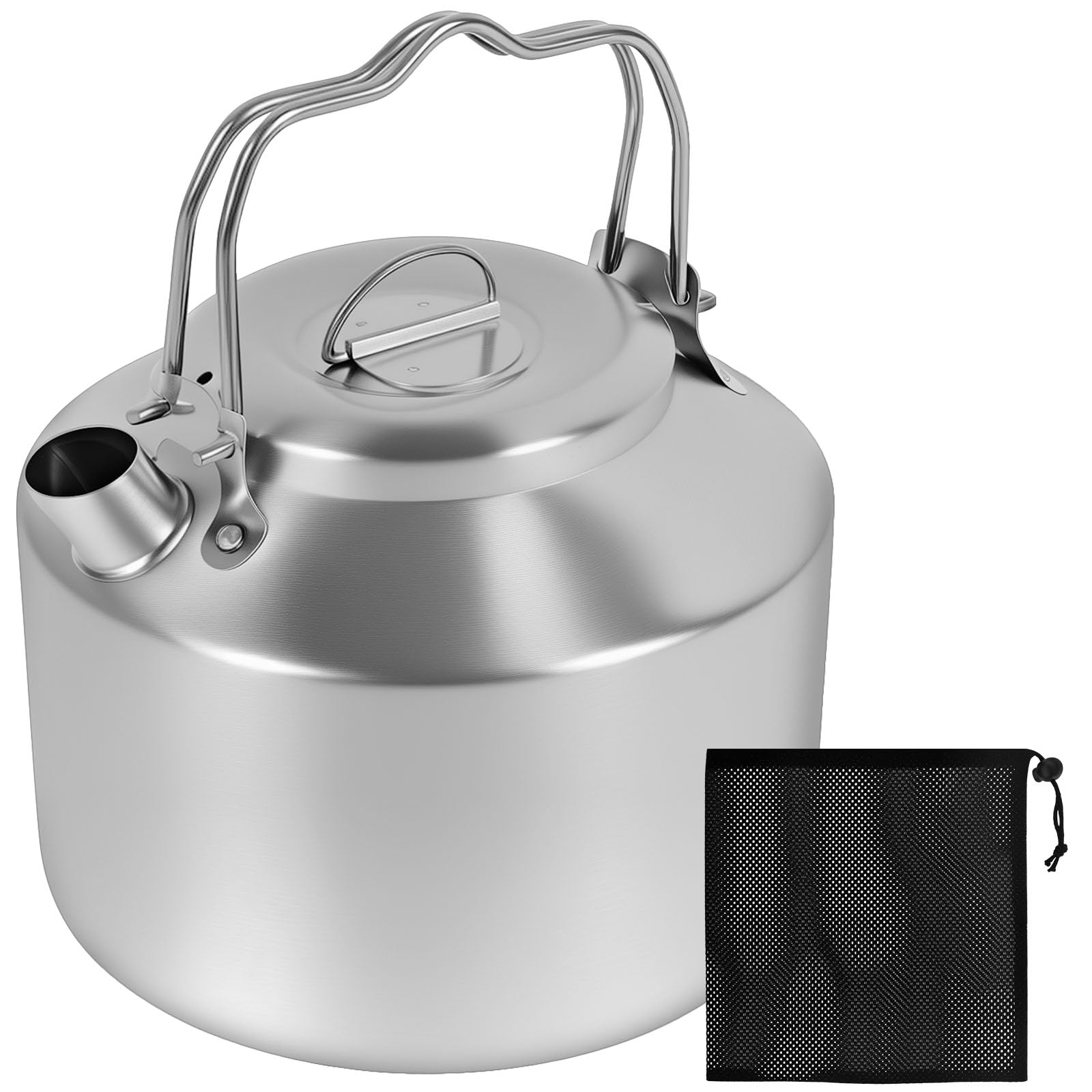 1.3L Heavy Duty Camping Kettle with Double Handle Stainless Steel Short Nozzle Design Portable Camp Tea Coffee Pot with Storage Bag for Camping Hiking Picnic BBQ Outdoor Activity