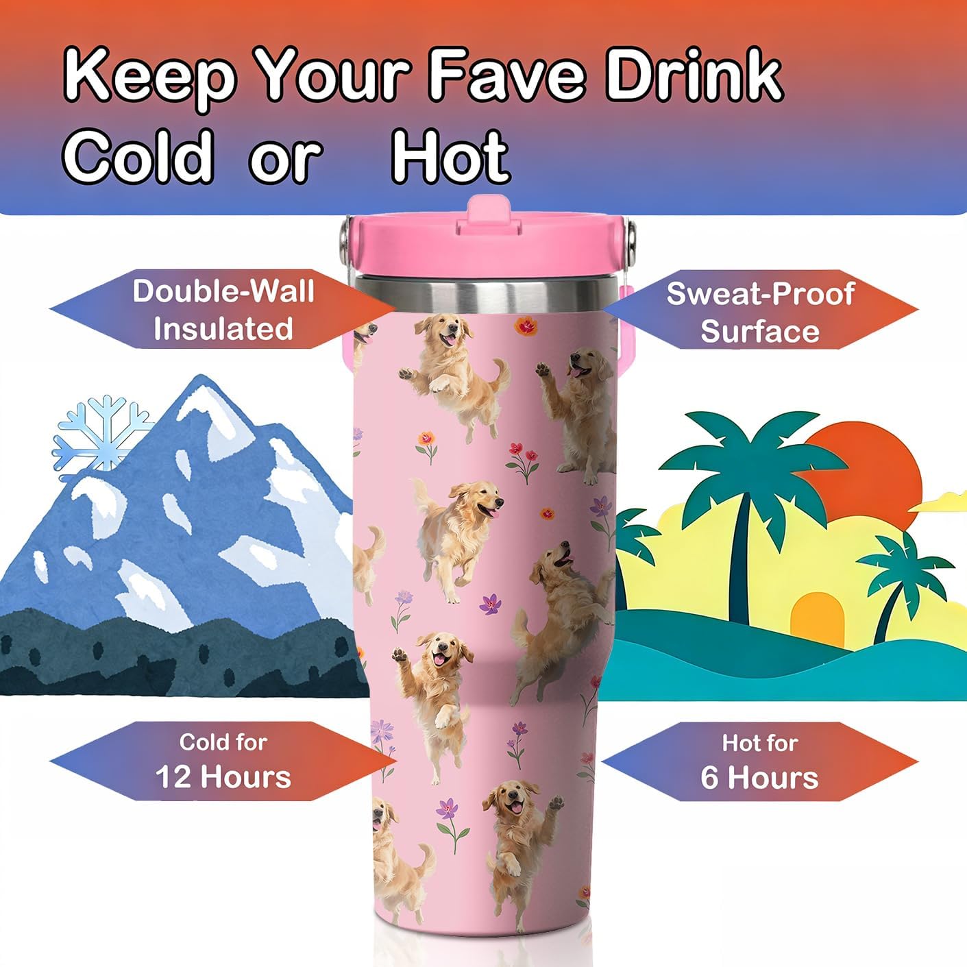 30oz Golden Retriever Dog Tumbler with Handle and Flip Straw, Cute Stainless Steel Insulated Cup with Lid and Straw, Travel Coffee Mug Water Bottle, Birthday Gifts for Women Men Animal Lovers