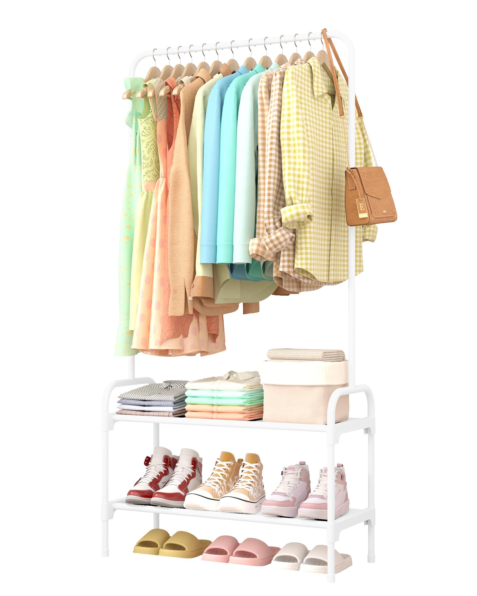 Sakugi Clothes Rail - Large Capacity Freestanding Clothes Rack with 2-Tier Shoe Organizer & Non-Slip Feet, Heavy-Duty Clothing Rail for Bedroom, Entrance, Laundry, 74 x 30 x 150cm, White