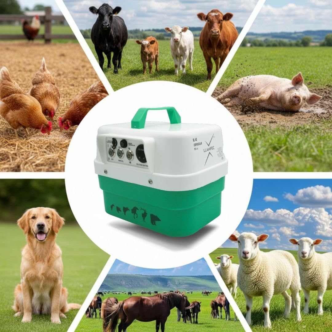 Pastor Eléctrico Crepuscular Llampec Mod.40 – 4,5 J, 10.000 V y 45 km de alcance – Ideal contra jabalíes y para ganado equino, vacuno, porcino y ovino – Batería recargable 12 V incluida