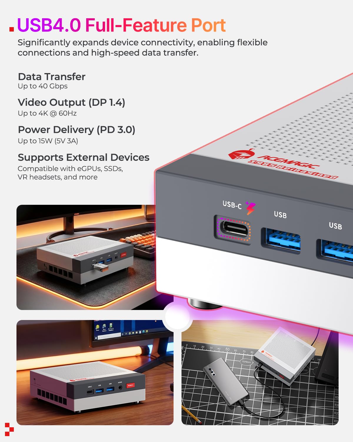 ACEMAGIC X3 Gaming Mini PC, AMD Ryzen 7 H 255 (4,9 GHz, 8C/16T), 1TB SSD | 16GB LPDDR5 Radeon 780M, Triple Pantalla 4K, USB4, LAN 2.5G, WiFi 6E, BT 5.2, Retro Mini Ordenador para Gaming y Diseño 3D