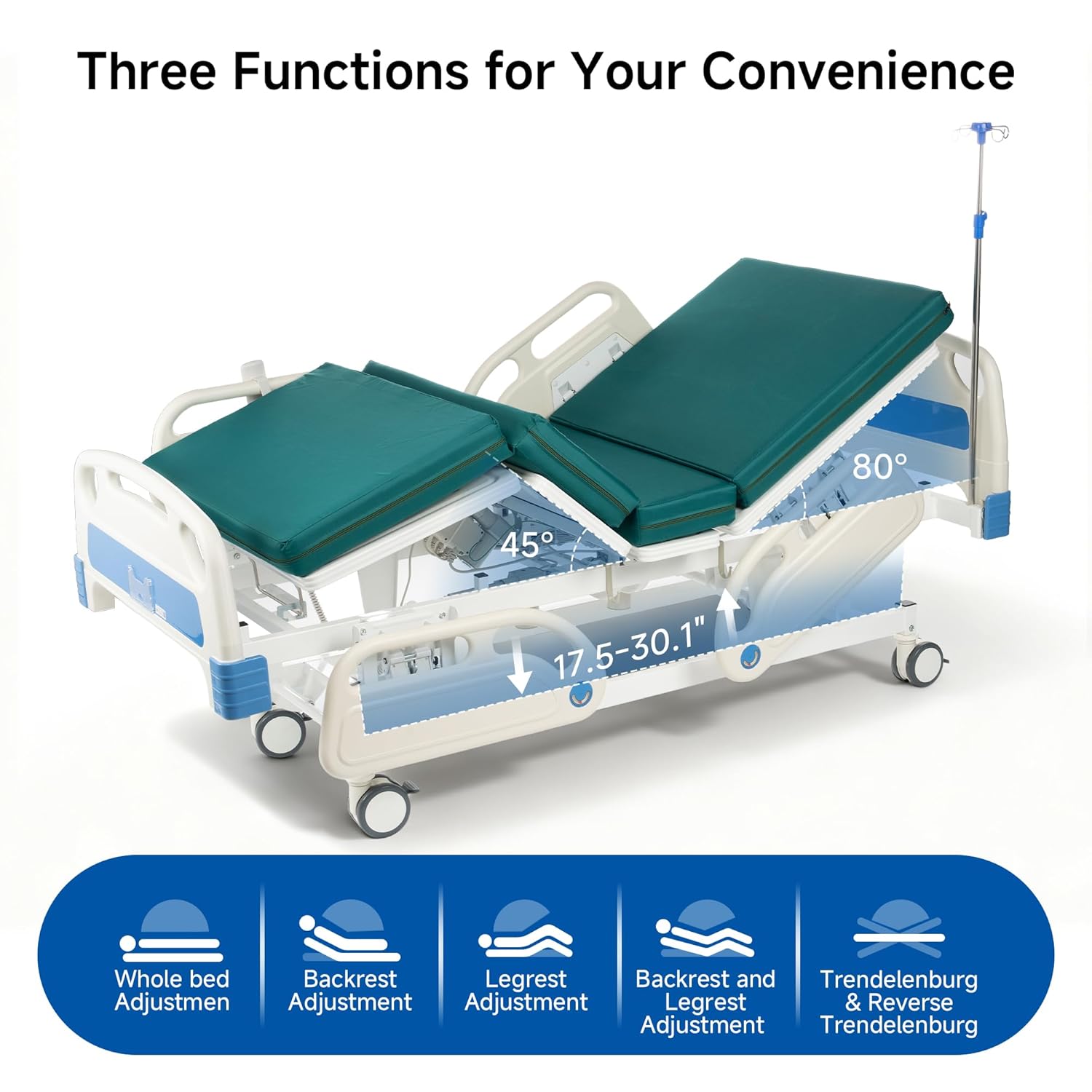 Real Relax 5 Function Full Electric Hospital Bed, Premium Hospital Bed, 4" Foam Mattress, 5" Locking Casters, IV Pole, for Home Use, Hospital ICU Bed, 530LBS Load Bearing, Includes Sheets (2X)