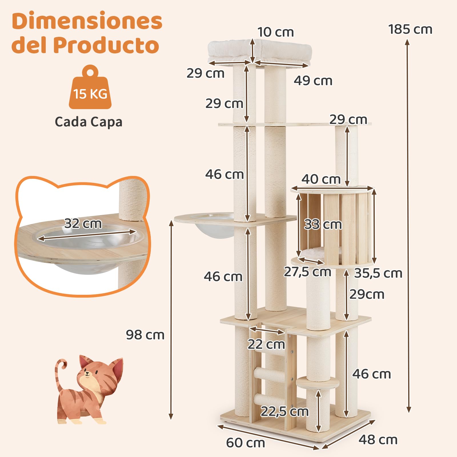 COSTWAY 185 CM Árbol Rascador para Gatos de Madera, Torre Rascador Multinivel para Gatitos Sólida con Condominio, Percha, Postes Rascadores, Escalera, Castillo Gatos de Múltiples Niveles, Natural