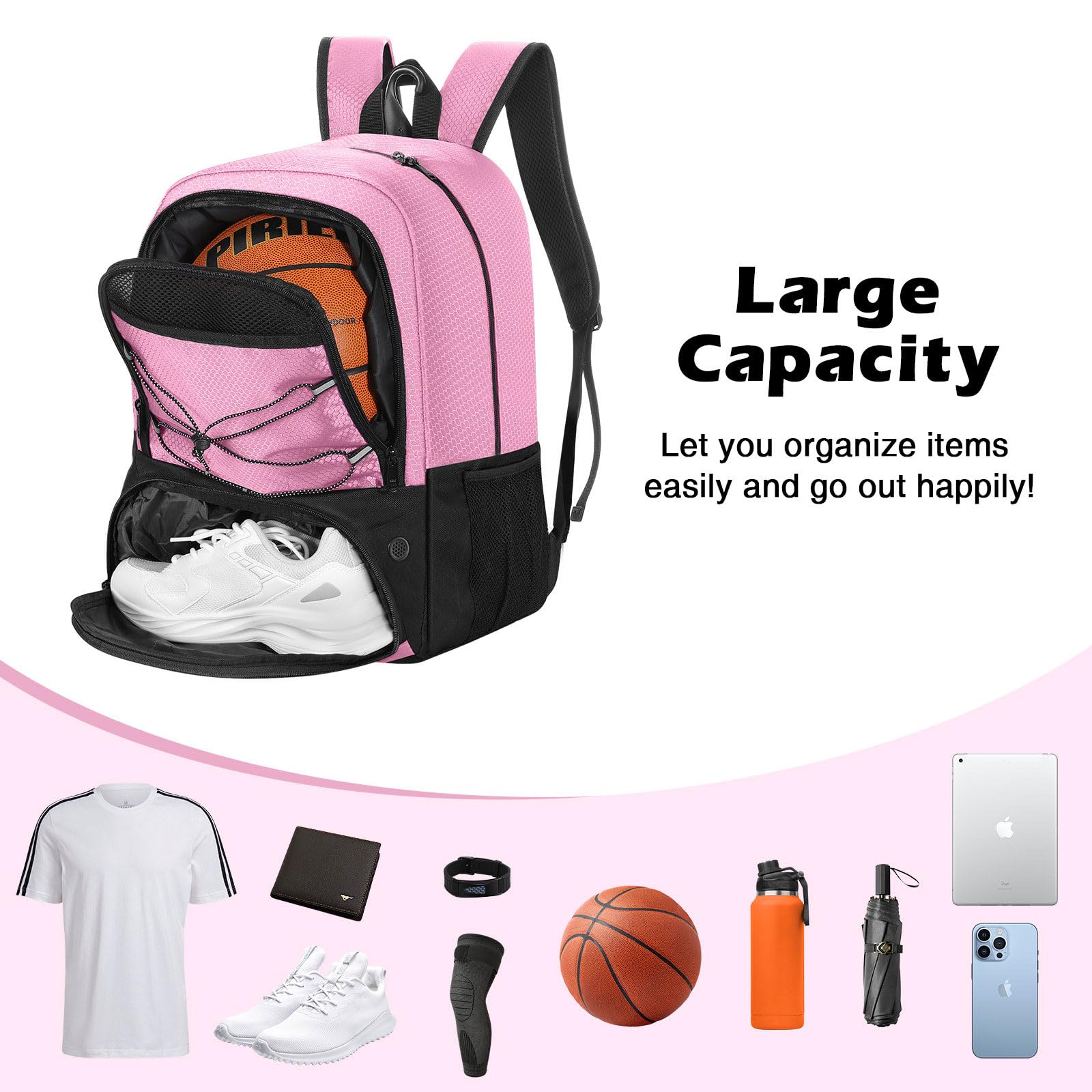 MoKo Soccer Bag Backpack, Basketball Backpack for Men & Women with Separate Ball and Shoes Compartments, Water-Resistant, Fence Hook, Sports Equipment Bag for Clothes, Shoes, Tablets, Laptops, Pink