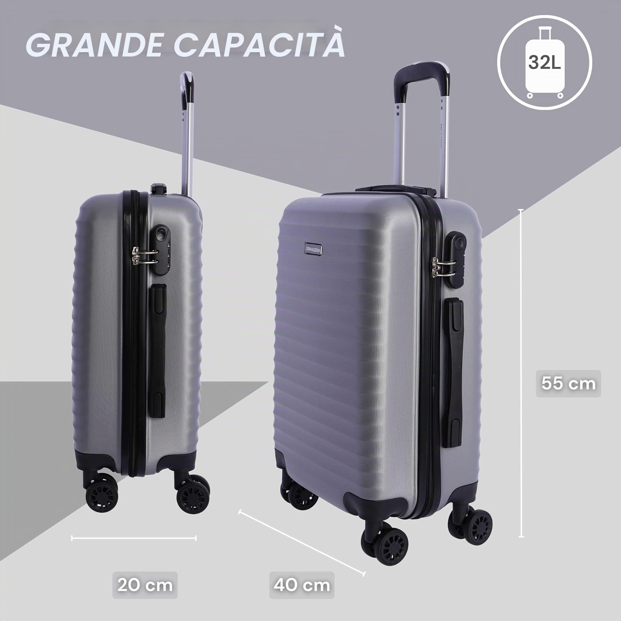 DON ALGODON - Trolley bagaglio a mano 55x40x20 (Espandibile) – 33L - Valigia Bagaglio a mano Ryanair – Valigia Media Rigida – Trolley Cabina Piccolo - Iris