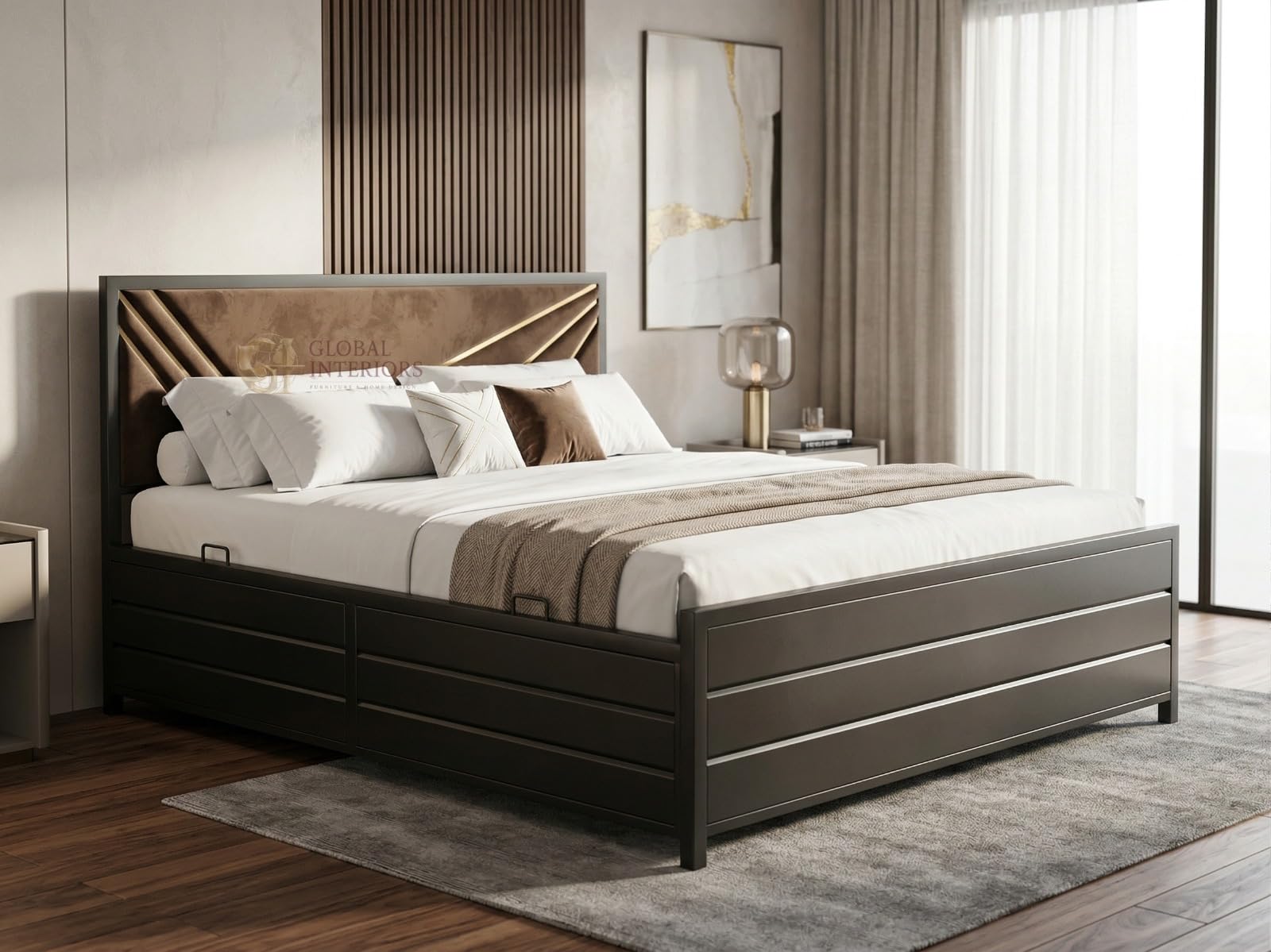 Stylish Metal Bed with Storage Wrought Iron Queen Size Double Bed for Bedroom with Headboard Footboard Black Without Mattress 75x60 Strong Metal Frame Storage Bed System-image-17