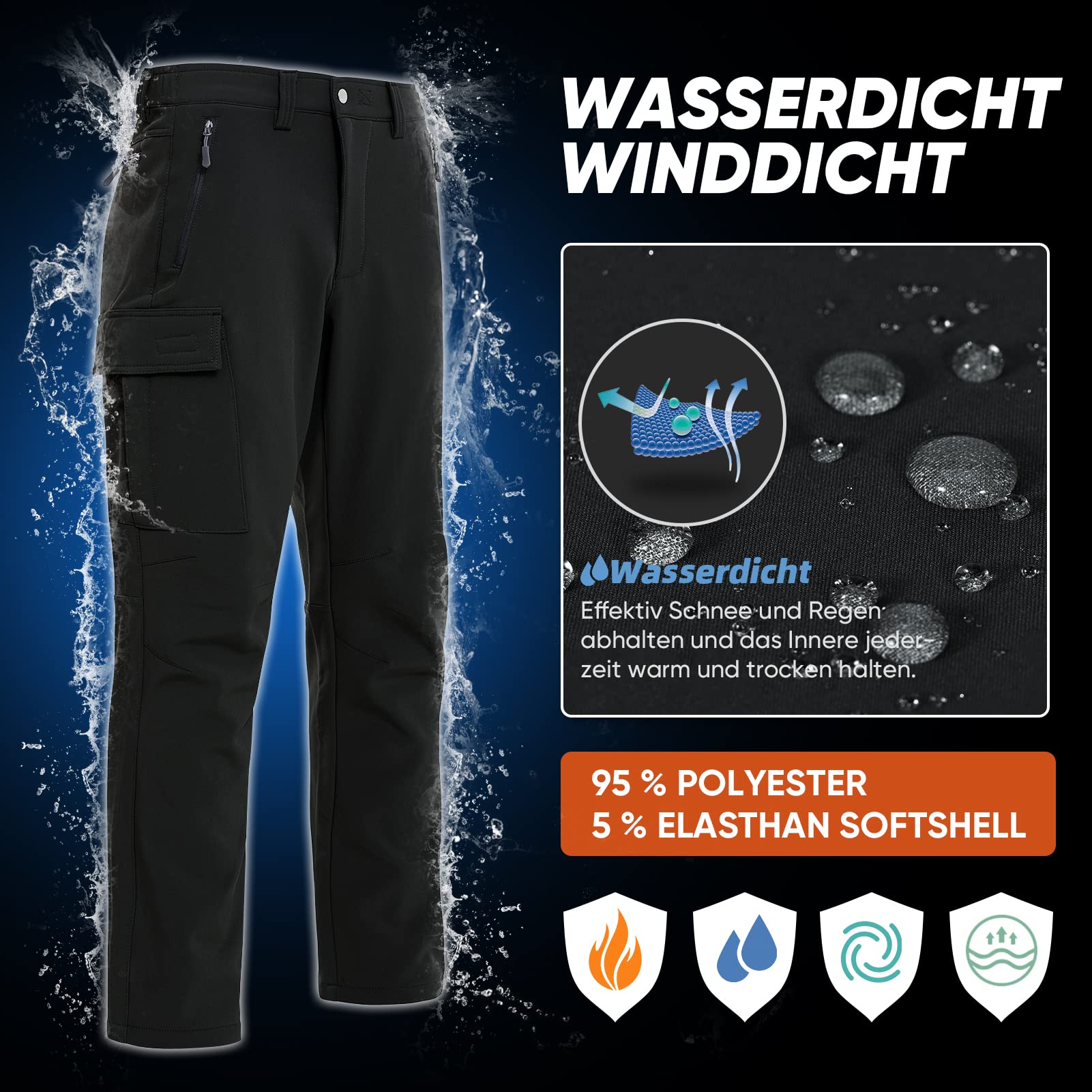 Pantalon de randonnée en softshell stretch pour homme - Imperméable - Pantalon de ski - Doublure chaude M Noir