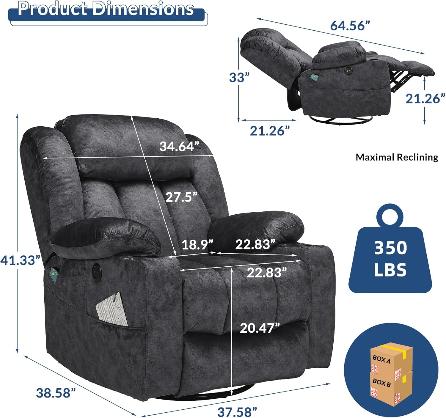 Manual Swivel Glider Rocker Recliner Chair with Heated Massage, 360° Swivel Overstuffed Lounge Chair with 2 Cup Holders, Side Pockets & USB Ports for Living Room, Fabric Gray