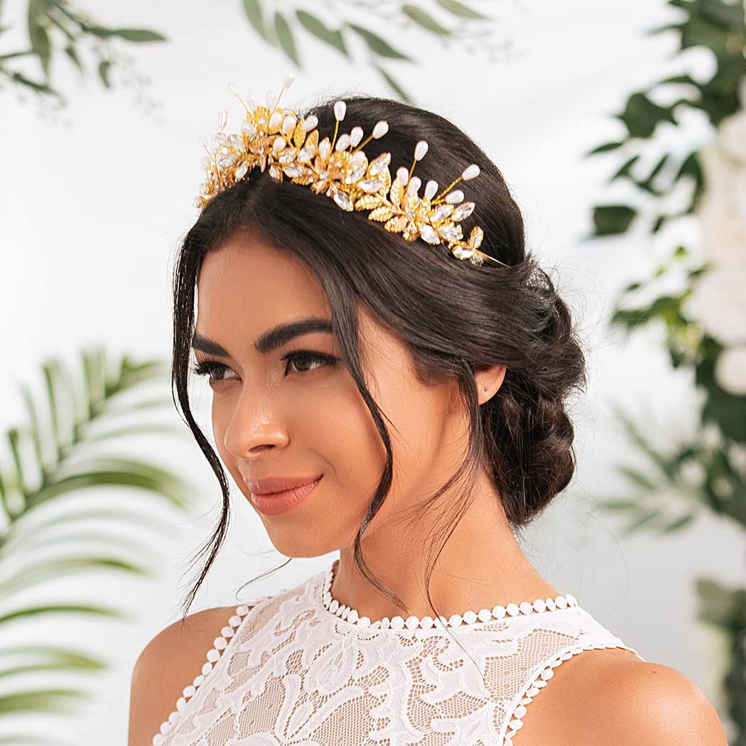 IYOU Bridal Wedding Headband Crown Gold Leaf Hair Bands Tiara Pearl Crystal Bridesmaid Bride Hair Accessories for Women - Image 2