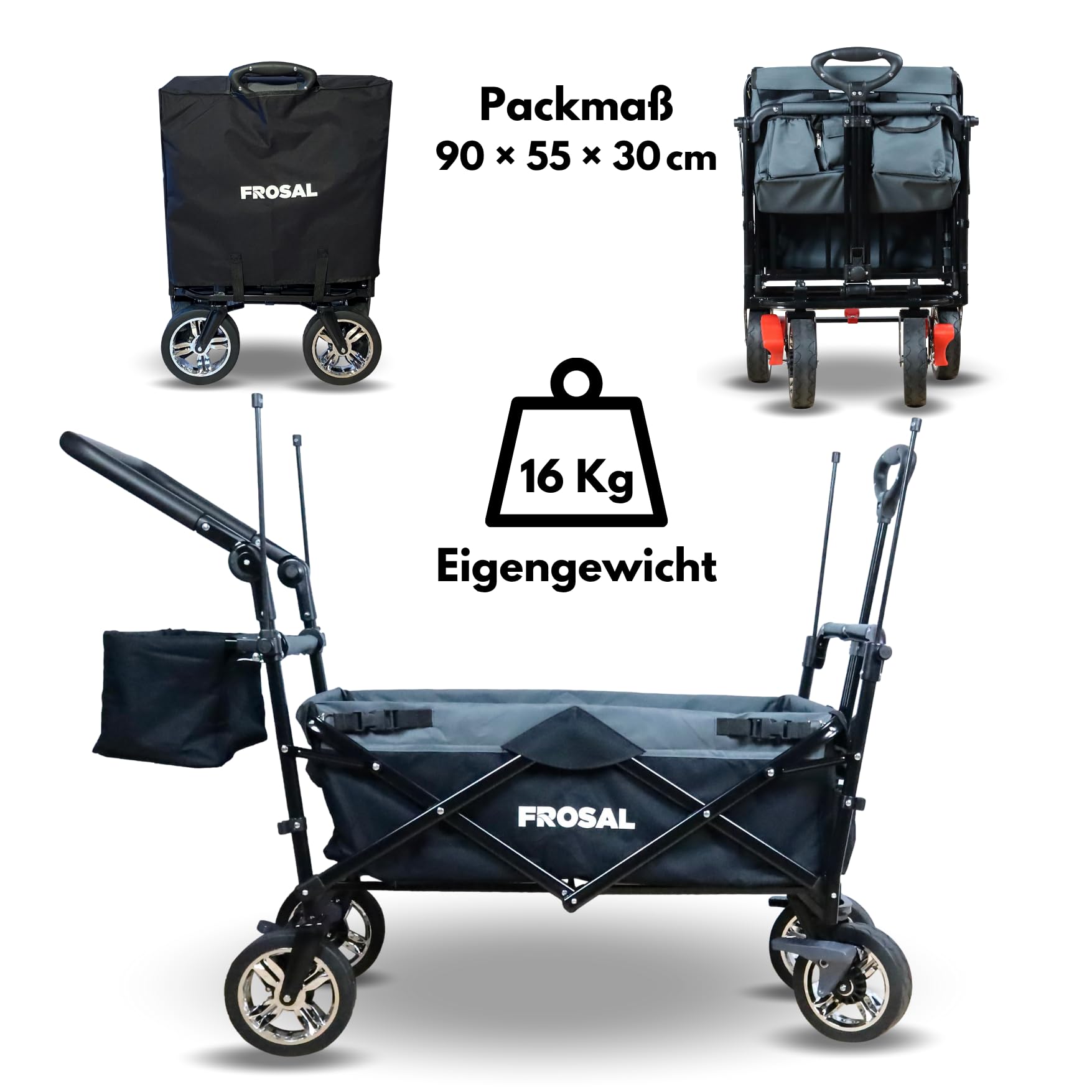 FROSAL Faltbarer Bollerwagen Loki mit Sonnendach und Schiebegriff Grau