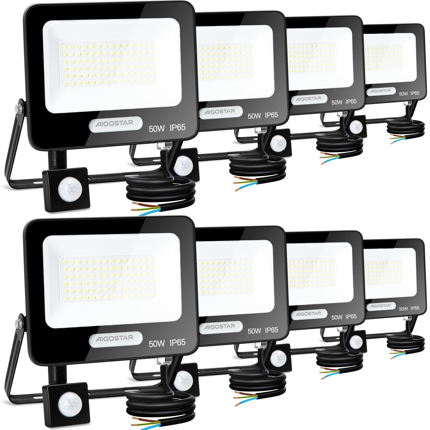 Aigostar- 50W Foco LED con Sensor Movimiento, Super Brillo Focos Exterior, 4600LM, Blanco Frío 6500K, IP65 Impermeable, Proyector LED Exterior, Perfectas para Jardín, Garaje, Patio, Paquete de 8