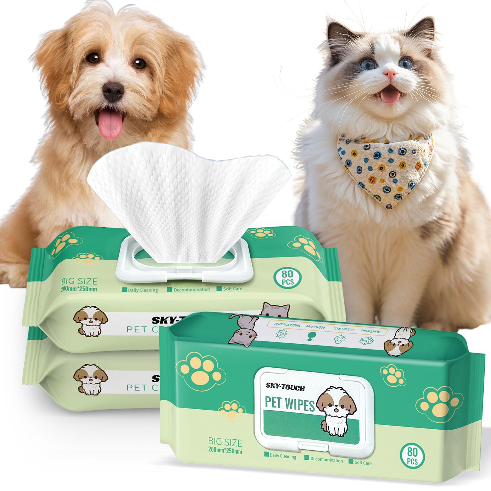 SKY-TOUCH Dog Wipes 80pcs, Large Pet Grooming Wipes for Dogs & Cats, for full body, eye wipes, ear wipes, Paws, & Butt Unscented (1 pack)