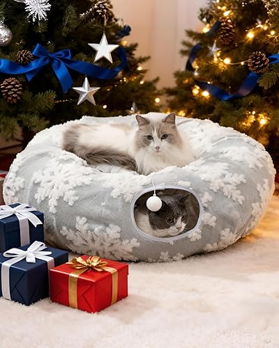 Grelife Cat Tunnel Bed for Indoor Cats, Cat Tunnel Christmas Tree Skirt, Cat Donut Tunnel Toys with Warm Fluffy Plush, Non-Slip Base, Removable Cushion, Perfect for Cats, Kittens, Small Pets(37.5")(Gray,37.5inches)
