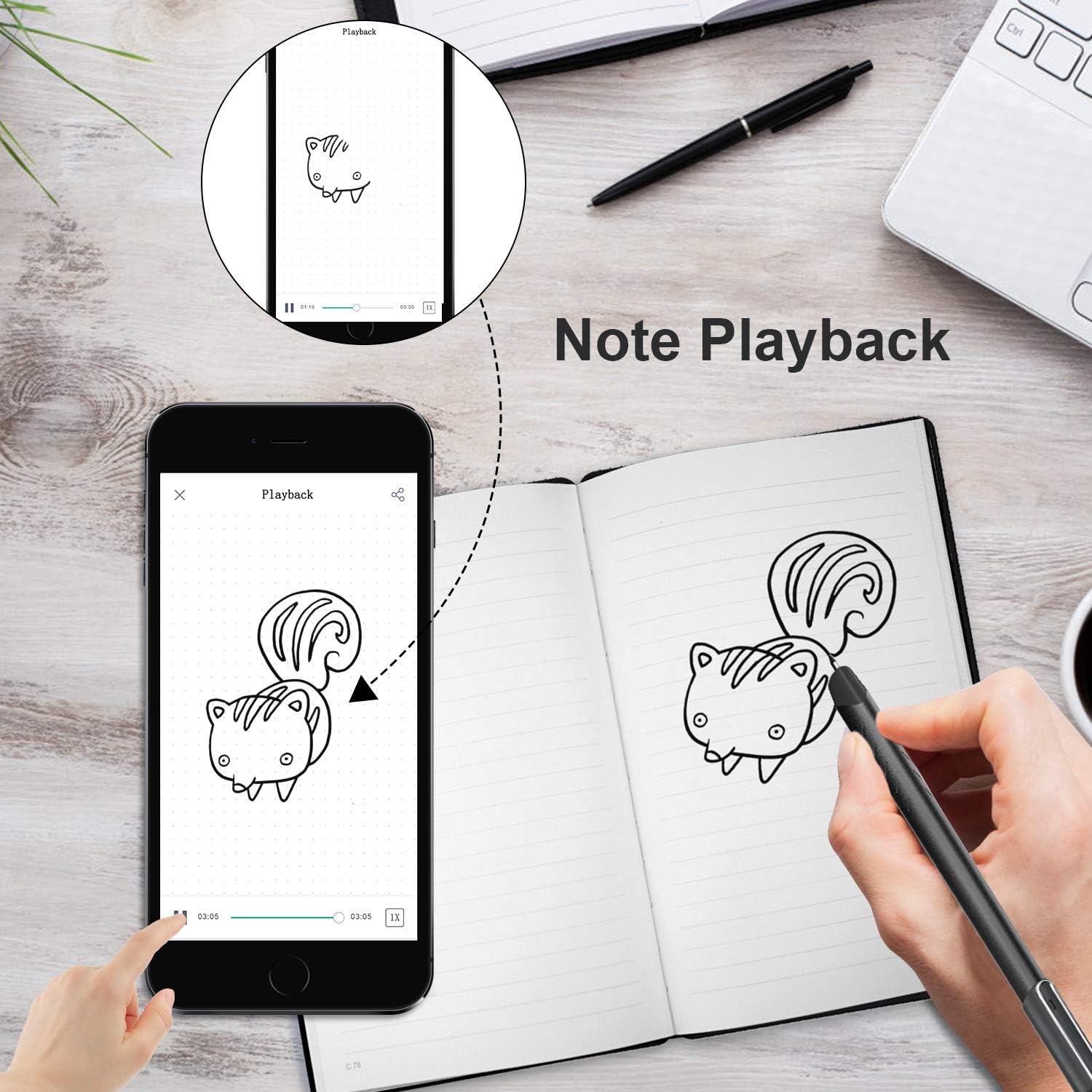 NEWYES Smart Pen demonstrating note playback feature, showing a drawing being replayed on a smartphone screen.