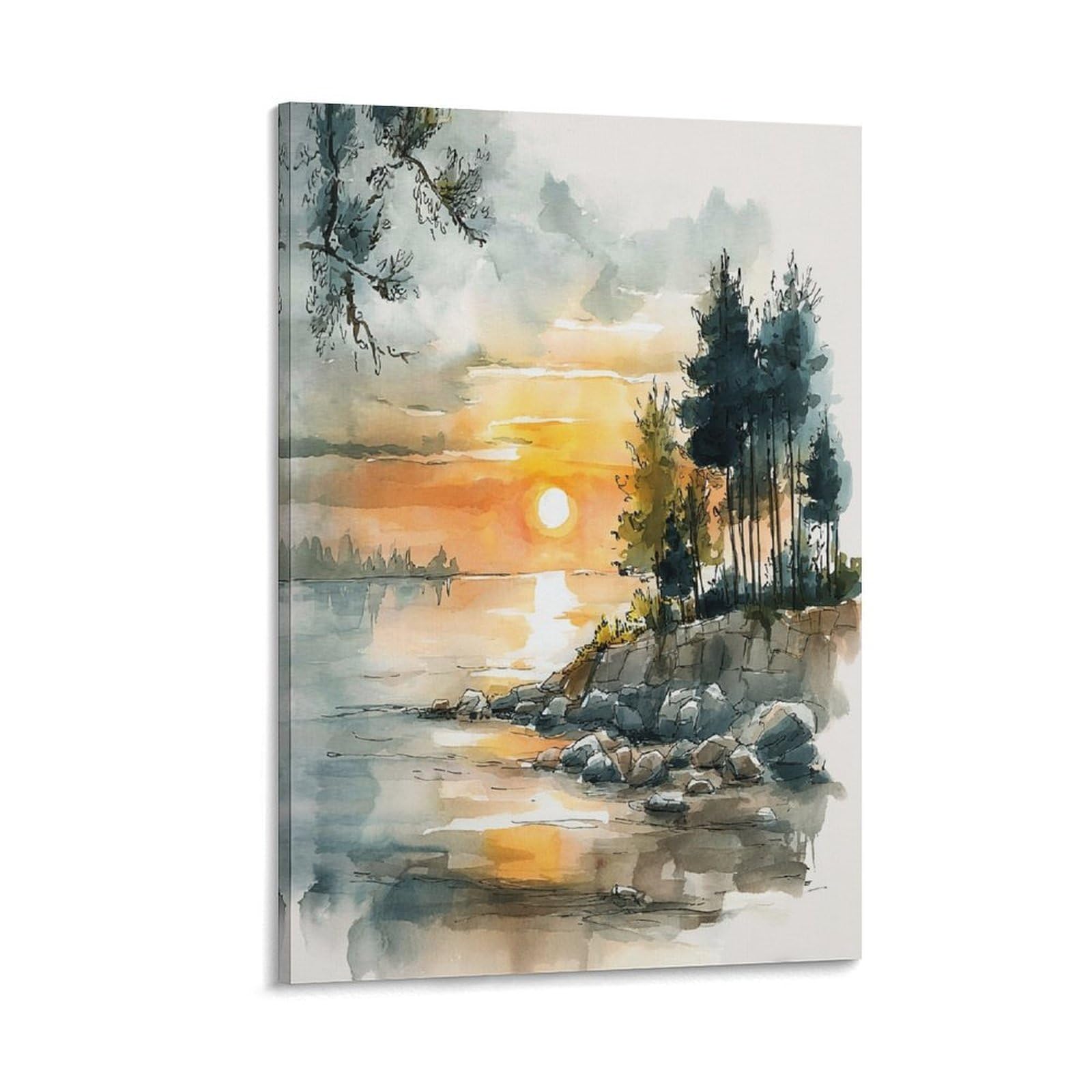 XWYMXZ Lake Erie Sunset Watercolor Painting Posters Tree 24x36inch(60x90cm) Vintage Watercolor Canvas Art