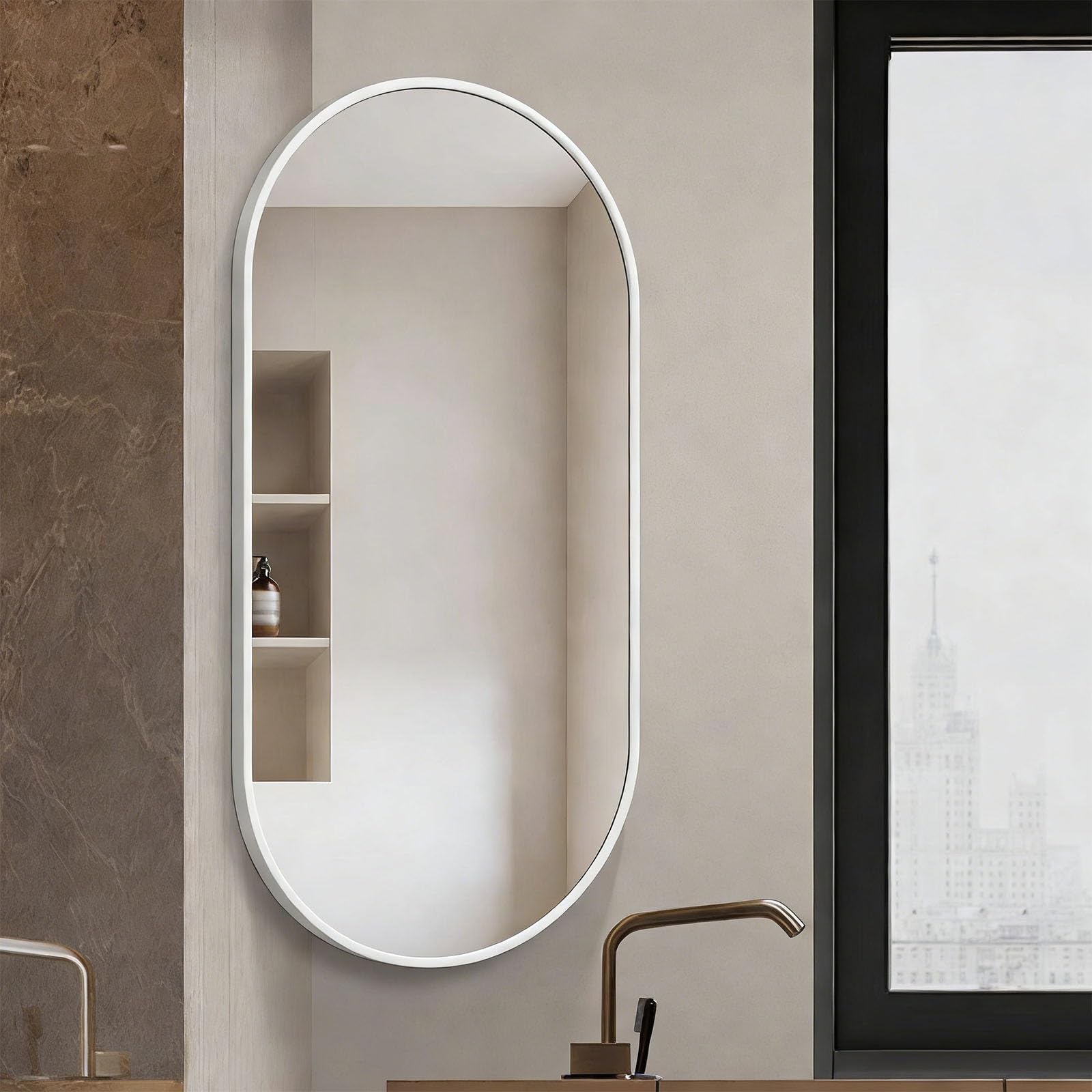 Miroir Mural d'angle Pivotant, Miroir d'angle Mural,Ovale Miroir De Salle De Bain,30x50cm 35x60cm 30x60cm 40x70cm 50 X 90cm Miroir Décoratif avec Cadre en Aluminium(White,W40xL70cm)