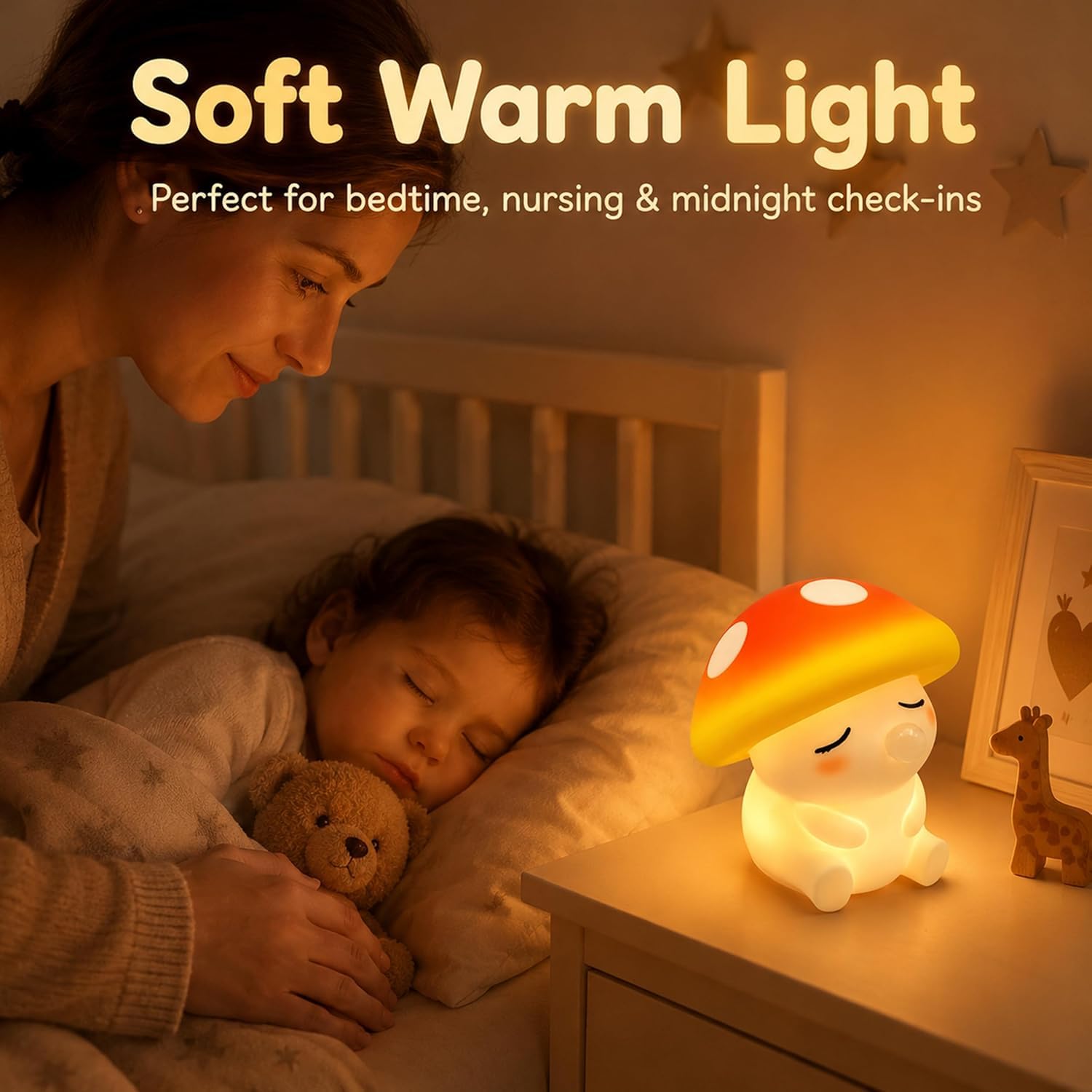 OOWOKS Lampada da notte a forma di fungo in silicone per bambini con comando touch luce bianca calda 3000K e modalità a 7 colori lampada da comodino per neonati dimmerabile lampada LED per bambini