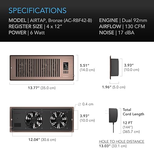 Miniatura 6 de AC Infinity AIRTAP T4 ventilador elevador silencioso con control de termostato Ventilación de aire acondicionado de refrigeración de calefacción Se