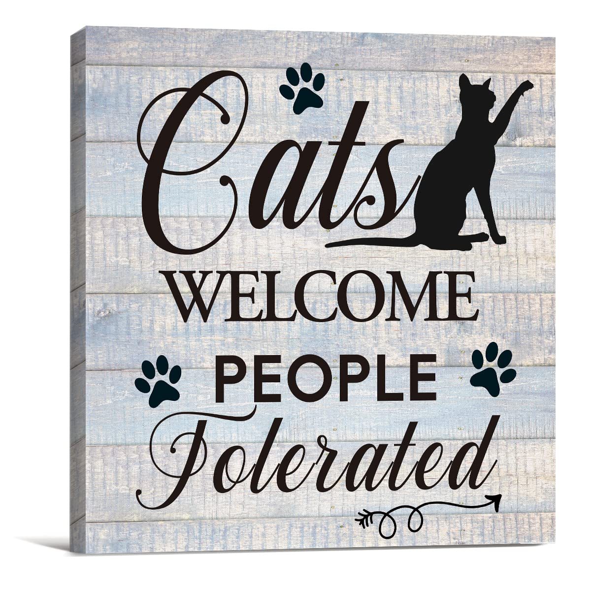 Funny Farmhouse Canvas Print Wall Art Decor Cats Welcome People Tolerated Sign Painting Plaque Rustic Home Decoration (8 X 8 inch, Framed)