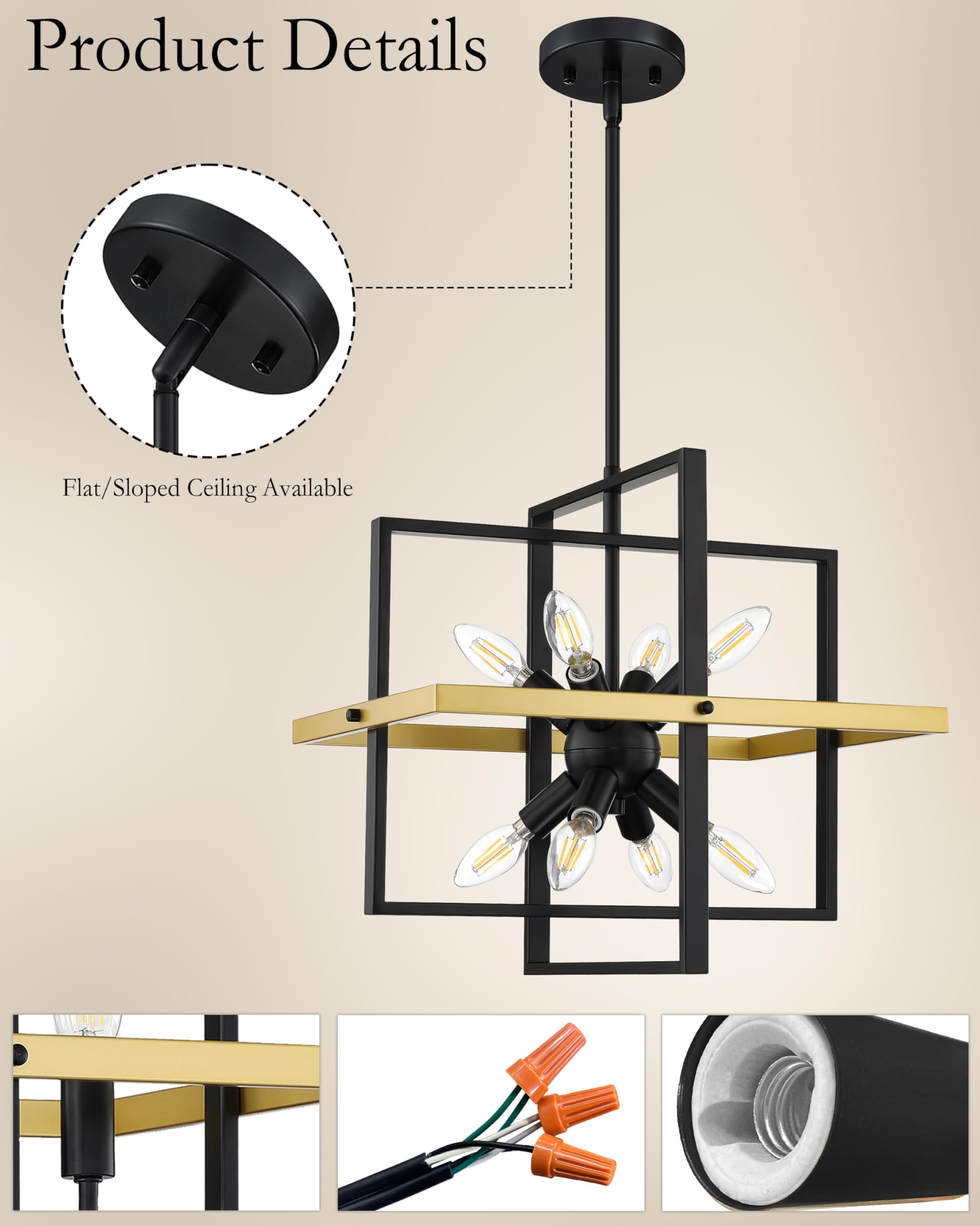 Dolaimi House 8 Light Black Cage Lantern Hanging Farmhouse Indoor Pendant Chandelier Lighting for Kitchen Island Over Sink Gold Finish UL Certification