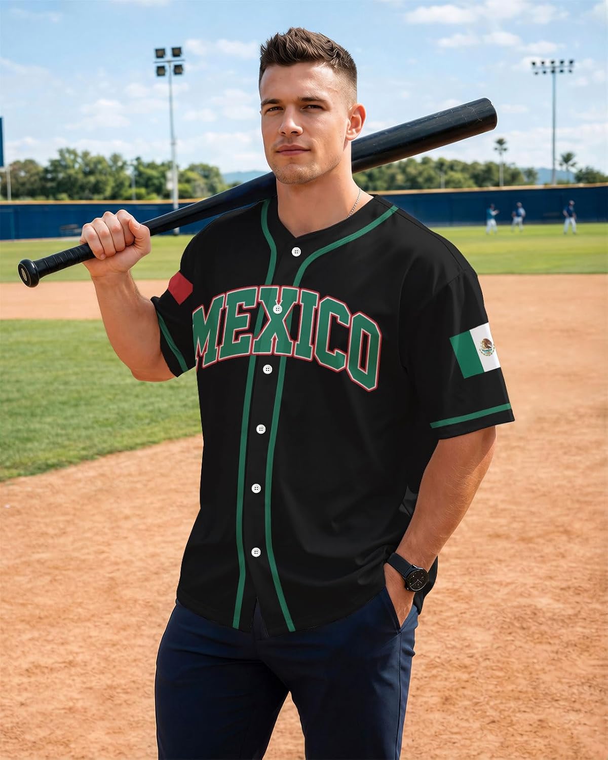 Men's Classic Baseball Jersey - Short Sleeve Button Down Streetwear Shirt - Lightweight Mesh Fabric, Green Black, Medium