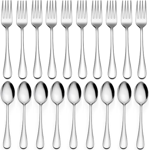 LIANYU Juego de cubiertos de 24 tenedores y cucharas, 12 cucharaditas y 12 tenedores de cena, cubiertos de acero inoxidable para el hogar, cocina,
