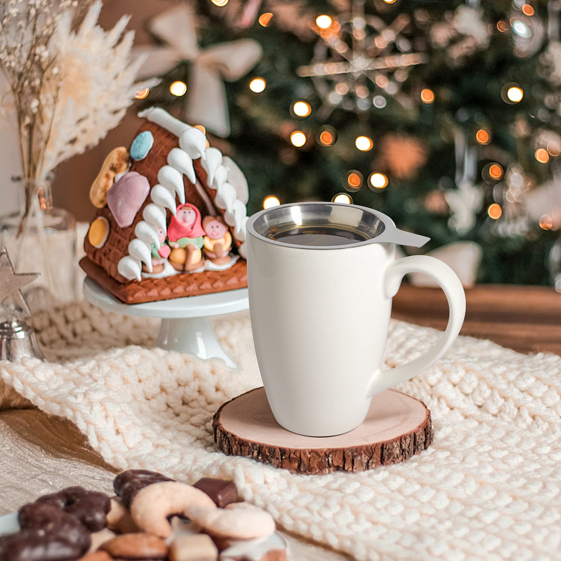 ComSaf Taza de té de cerámica con infusor y tapa, taza de porcelana grande de 16 onzas con filtro de té para hojas sueltas de té/bolsa de té, taza de té para oficina, hogar, color blanco