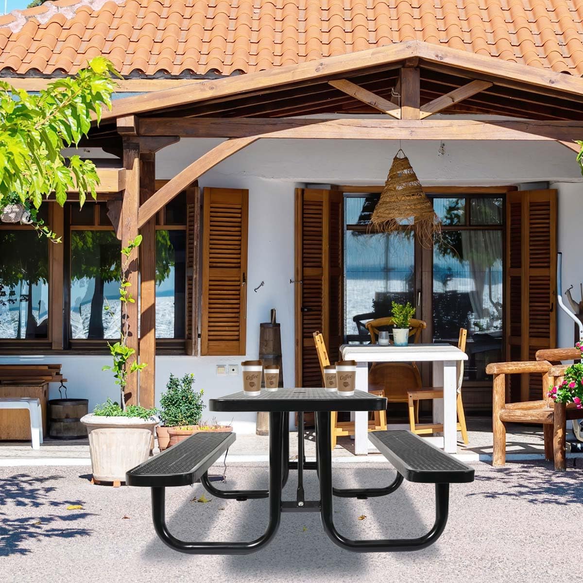 6 ft. Heavy-Duty Steel Outdoor Picnic Table with Umbrella Pole,Rectangular Weather-Resistant Dining Table for Backyard,Black