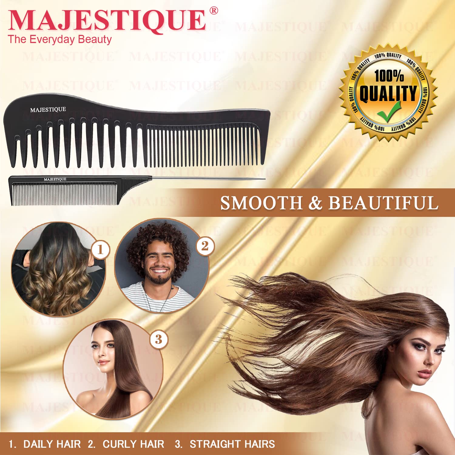 Majestique Hair Brush & Comb Set 4 – Paddle Detangler Brush, Wide Tooth Comb, Tail Pin Comb & Styling Brush for Wet & Dry Hair | Unisex Hair Grooming Kit for All Hair Types 1