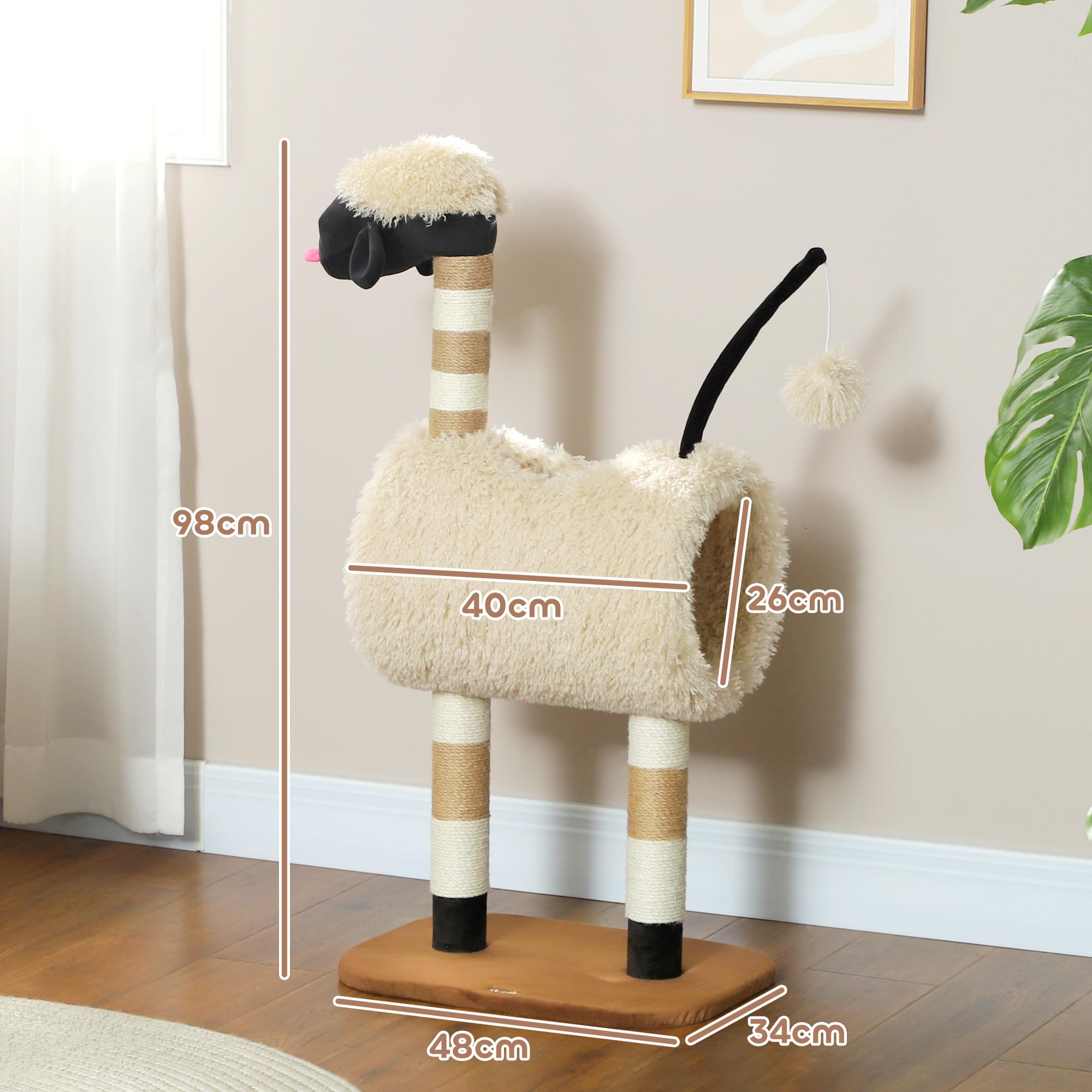 PawHut Kratzbaum Schaf-Design für Katzen bis 5 kg Tunnel 98 cm Hellbraun | Katzenturm, Kratzpfosten, Spielball, Mehrstöckiger Katzenkratzbaum, Kletterbaum