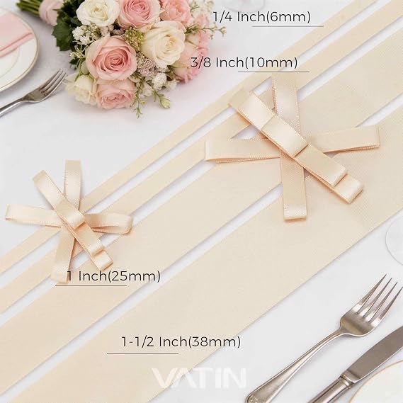 VATIN Double Face Beige Satin Ribbon 1/4 Continuous 25 Yards,Beige Polyester Fabric Ribbon use for Bows Bouquet, Gift Wrapping, Floral Arrangement Wedding Decoration