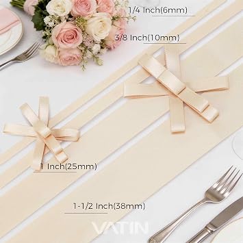 VATIN Double Face Beige Satin Ribbon 1/4 Continuous 25 Yards,Beige Polyester Fabric Ribbon use for Bows Bouquet, Gift Wrapping, Floral Arrangement Wedding Decoration