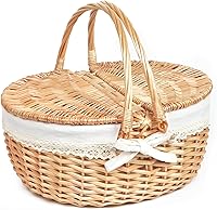 HapTim Wicker Picnic Basket for 2 with Lid - Stylish Handwoven Gift for Couples, Weddings, Picnics (Y2408-B1)