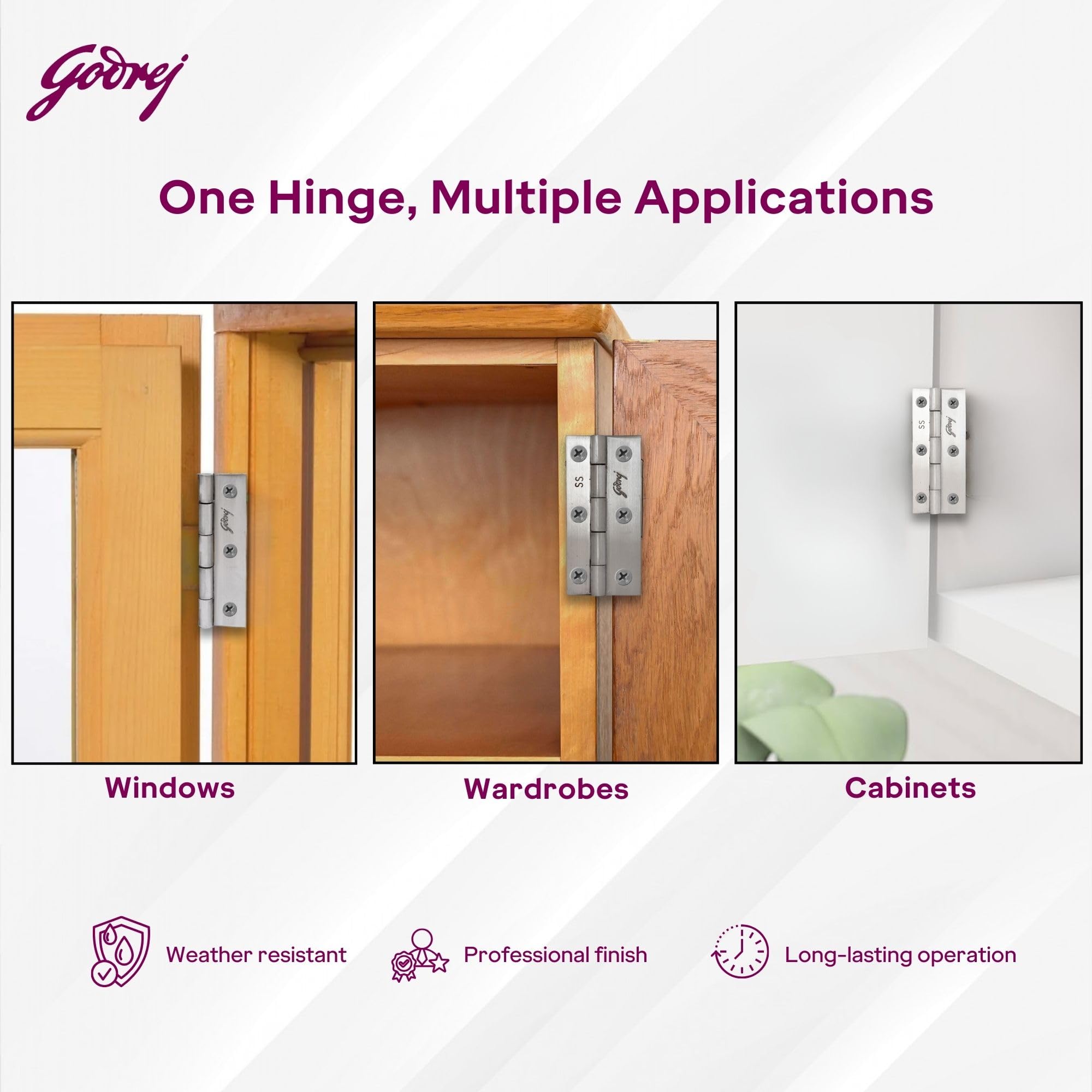 Godrej Door Fitting I 3 Inch x 14 Gauge Door Hinges (9 Pcs) | Main Door, Windows, Bathroom of Home, Office, Hotel I Kabja for Door, 1.6mm Thickness | Premium Look, Satin Finish — Amazon image 6
