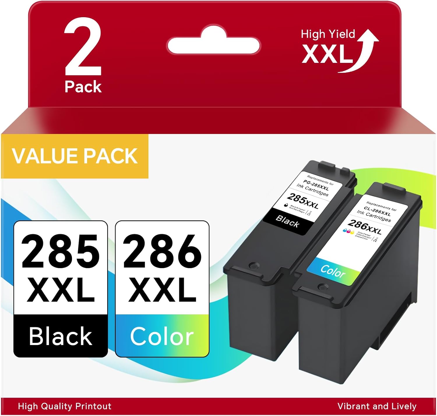PG-285 XXL CL-286 XXL Black Color Ink Cartridge Compatible for Canon PG-285 XL CL-286 XL Value Pack, Printer Ink for Canon 285 286 Ink Work with Pixma TR7820, TS7720, TS7722 Inkjet (2-Cartridges)
