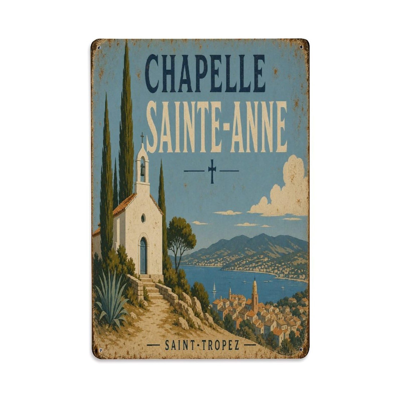French Village Travel Provence Heritage Old Town Metal Tin Sign Plaque Wall Decor for Cafe, Man Cave, Club Bar, Office, Home Garden Round Metal Poster 8x12Inch