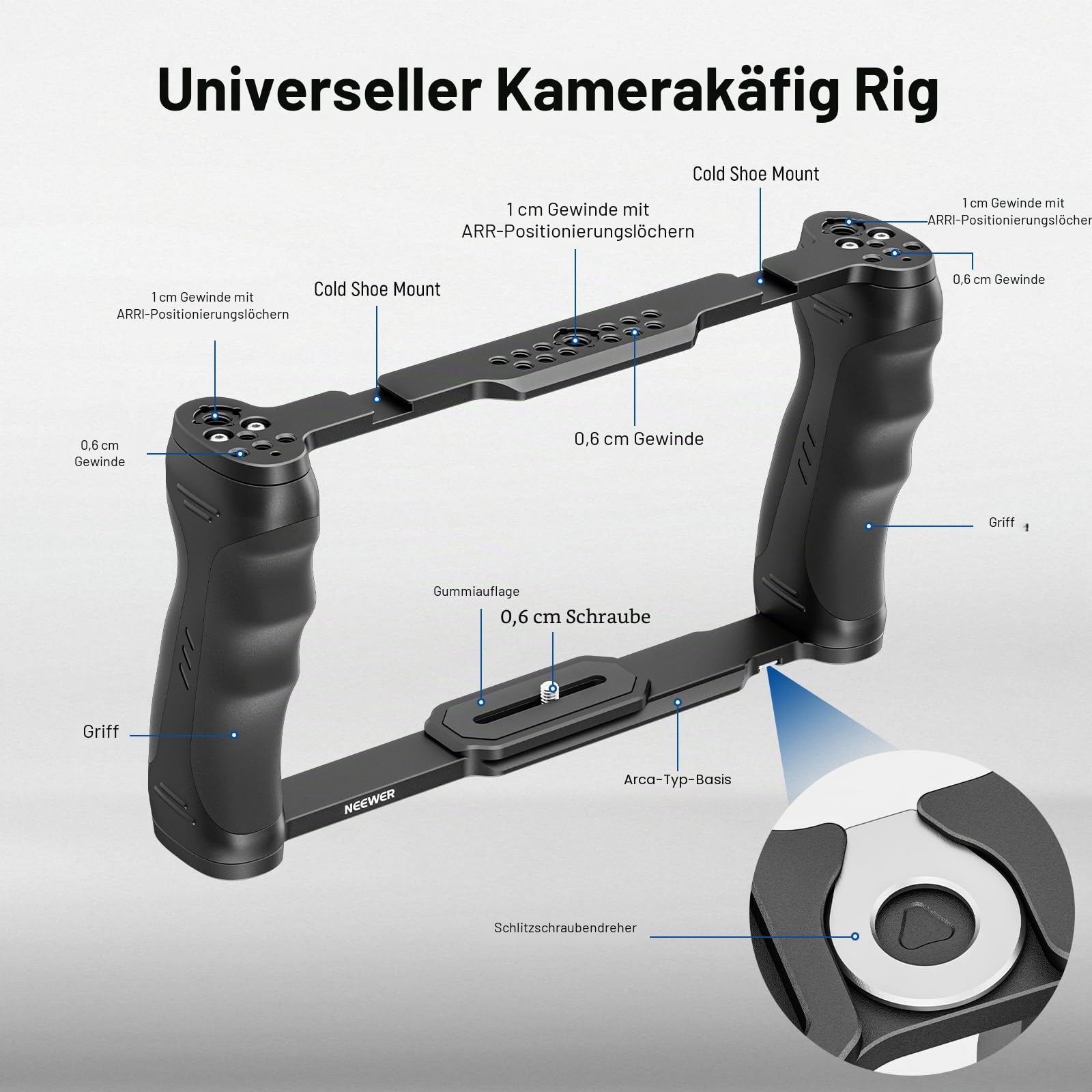 NEEWER Universal Kamera Käfig Cage mit oberem Griff, Zubehör Monitor Halterung, Arca Typ Kamera Gimbal Stabilisator Video Rig, Zwei Handgriffe und 3/8 kompatibel mit SmallRig CA016T+MA006