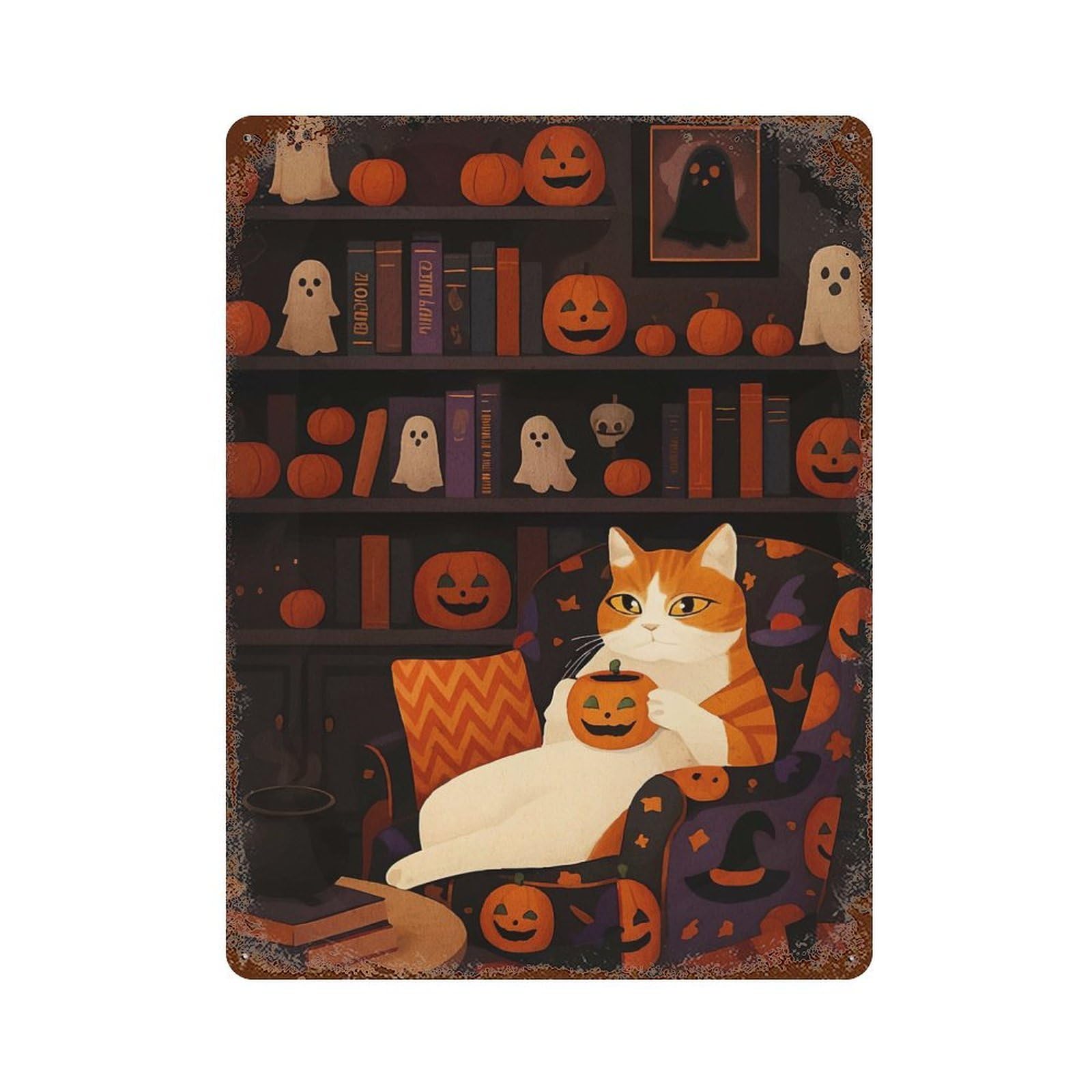 Halloween Cat Pumpkin Decorative Tin Sign 15.7"x11.8", for Bistro, Counter And Cafe Decor, Classic Wall Plaque